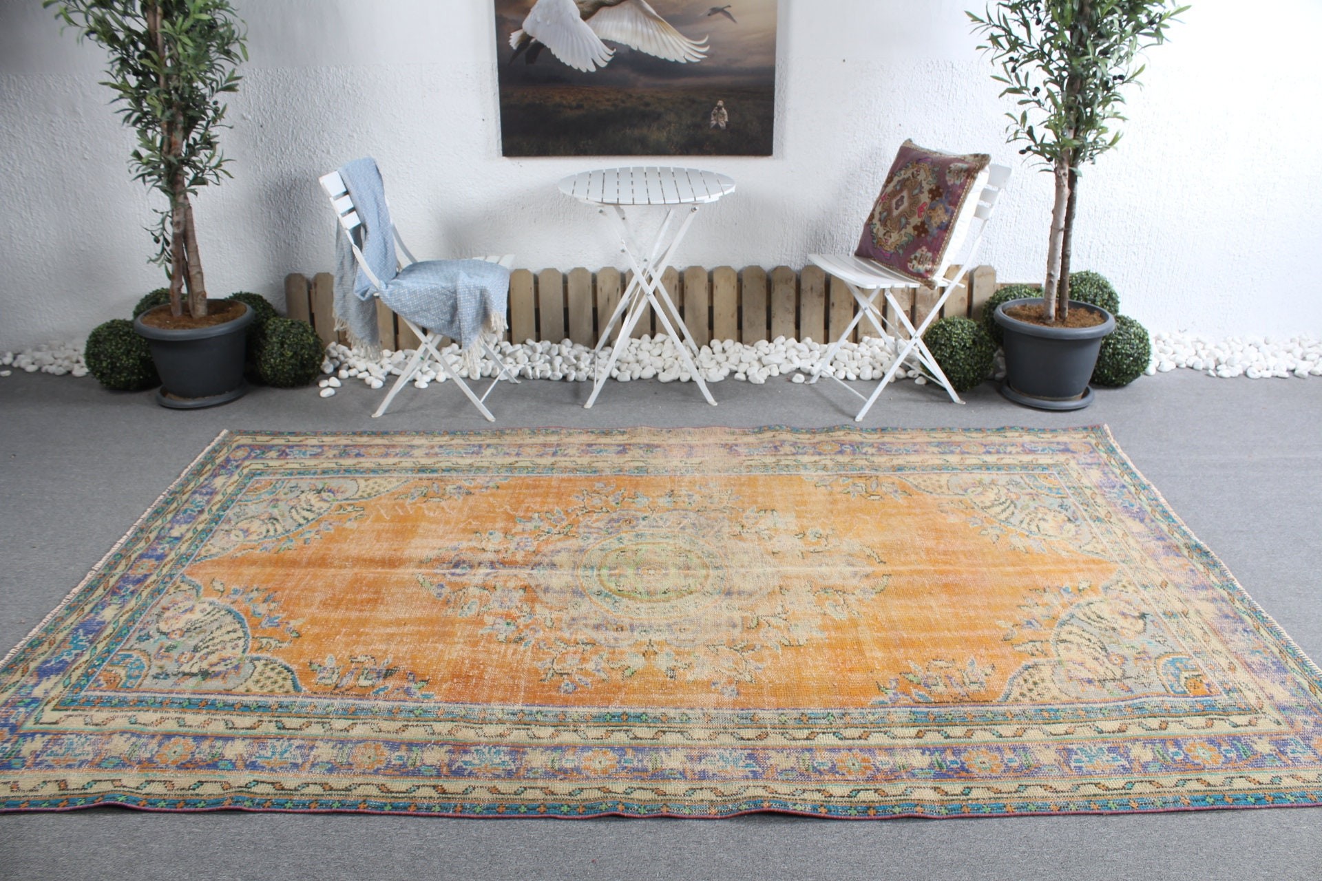 Aztec Rug, 5.8x9.5 ft Large Rugs, Vintage Rug, Oushak Rugs, Moroccan Rug, Living Room Rug, Salon Rug, Orange Home Decor Rug, Turkish Rugs