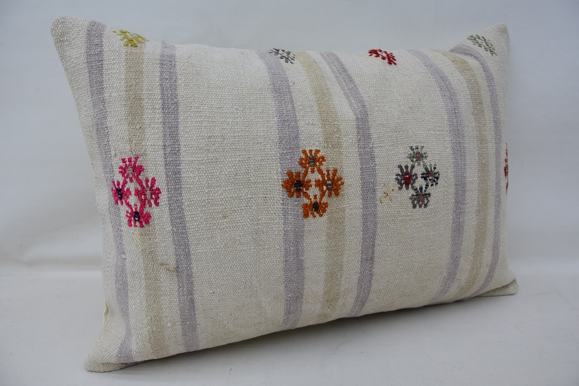Cotton Pillow, Pattern Throw Pillow, Handmade Kilim Cushion, Kilim Cushion Sham, Vintage Kilim Throw Pillow, 16"x24" Beige Pillow Case
