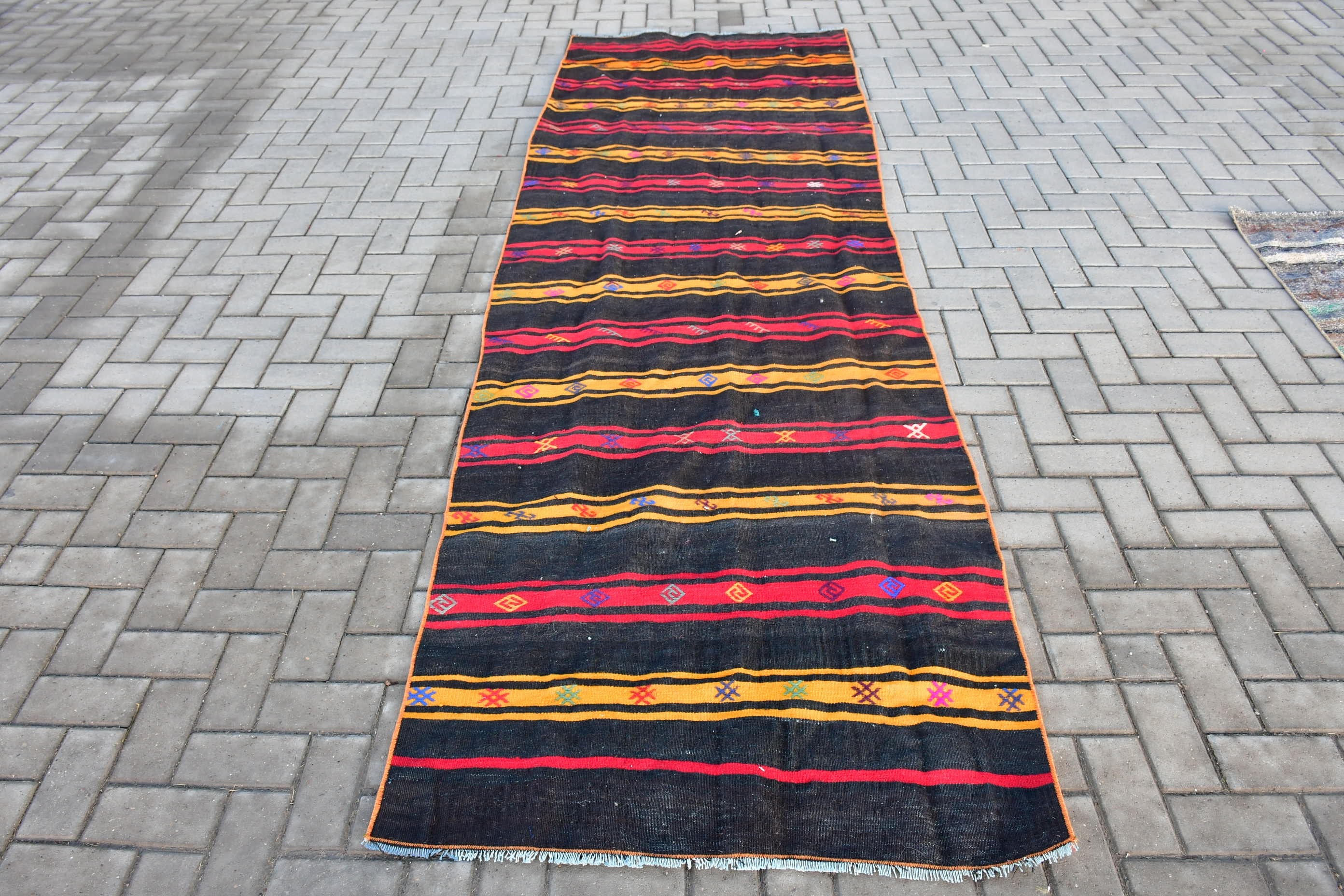 Corridor Rug, Anatolian Rugs, 3.4x11.4 ft Runner Rug, Oriental Rugs, Vintage Rug, Black Kitchen Rugs, Rugs for Kitchen, Kilim, Turkish Rug
