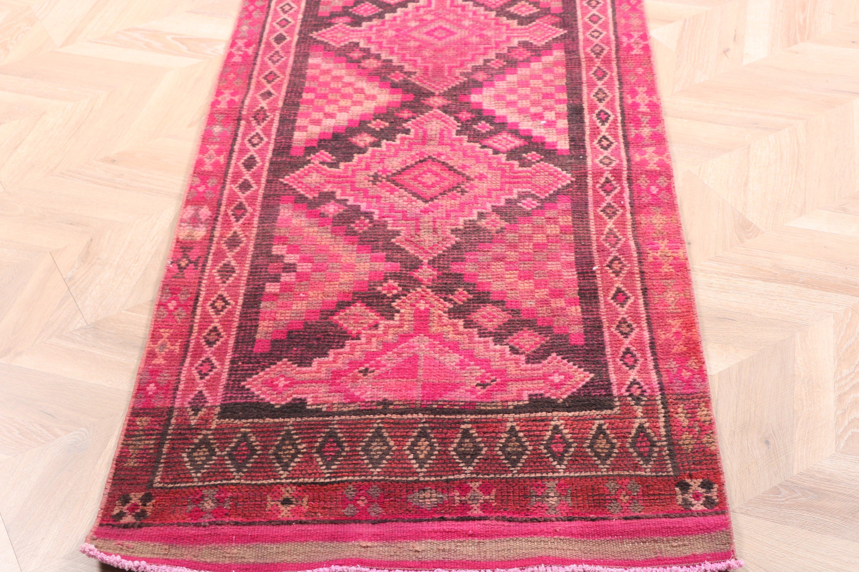 Pembe Açıklama Halısı, Vintage Halılar, Etnik Halı, 2.7x14.2 ft Runner Halıları, Yatak Odası Halısı, Beni Ourain Runner Halıları, Düz Dokuma Halılar, Türk Halısı