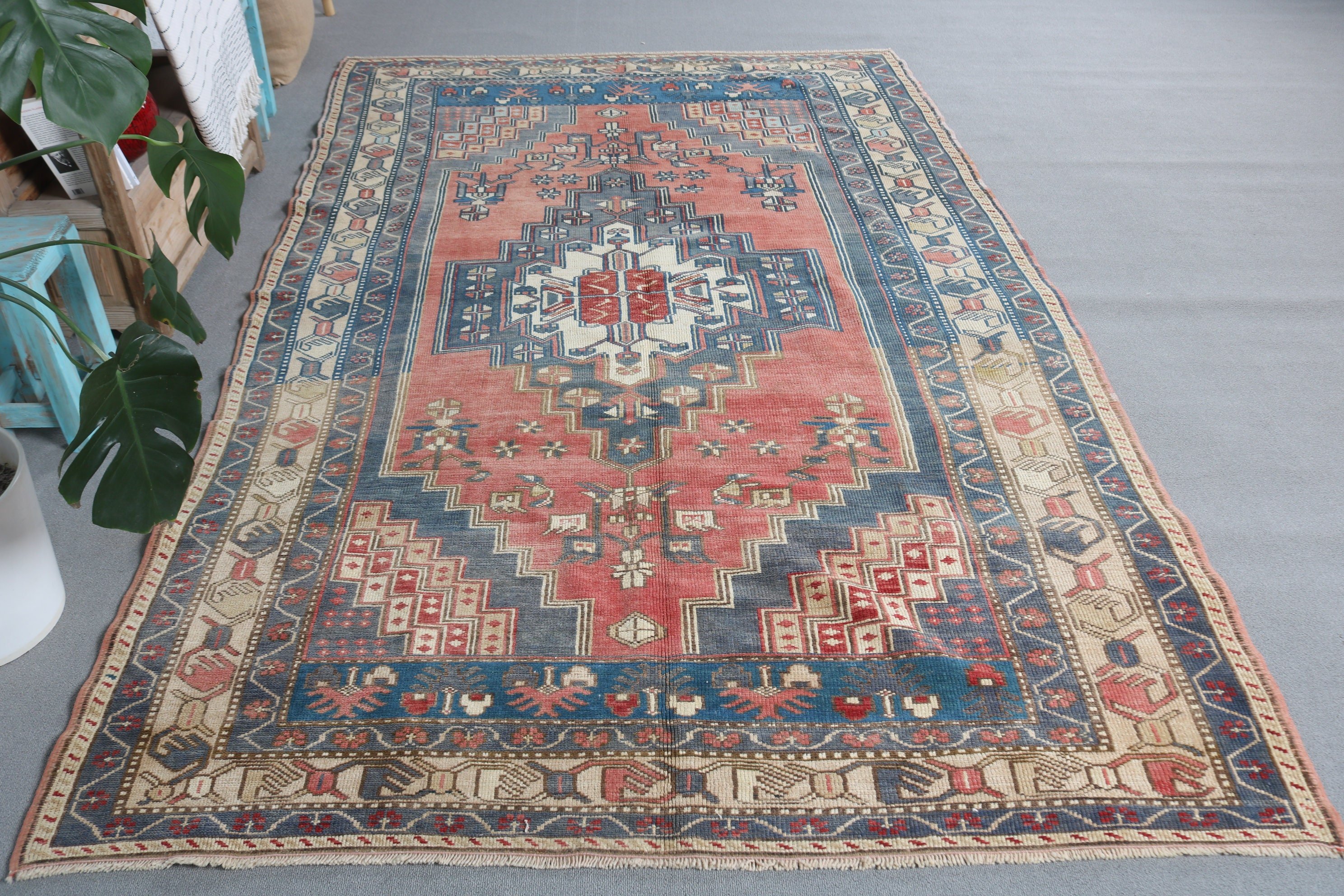 Yemek Odası Halısı, Oushak Halısı, Yatak Odası Halısı, Vintage Halı, Salon Halıları, Türk Halısı, Mavi Yer Halısı, 5.4x8.8 ft Büyük Halı