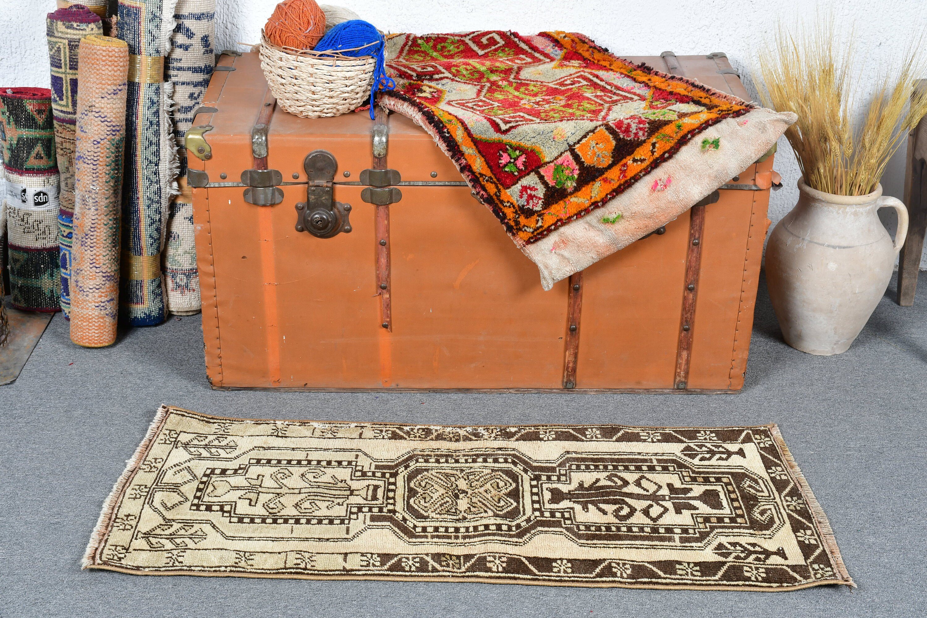 1.4x3.6 ft Small Rug, Bedroom Rug, Door Mat Rug, Bath Mat Boho Rug, Turkish Rug, Vintage Rug, Brown Oushak Rug, Moroccan Rug