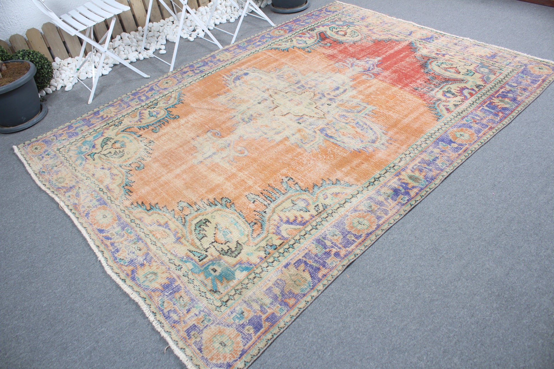 Dining Room Rug, Turkish Rug, Cute Rug, Anatolian Rug, Orange Home Decor Rug, Vintage Rugs, Salon Rug, 6.1x8.4 ft Large Rug