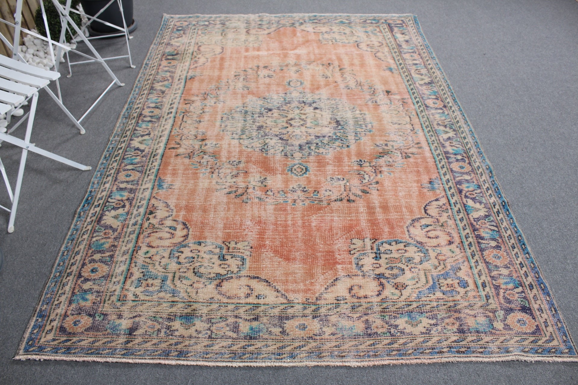 Türk Halıları, Oryantal Halı, 5,7x8,3 ft Büyük Halılar, Antika Halı, Turuncu Oushak Halı, Vintage Halılar, Yemek Odası Halısı, Soluk Halı, Oturma Odası Halısı