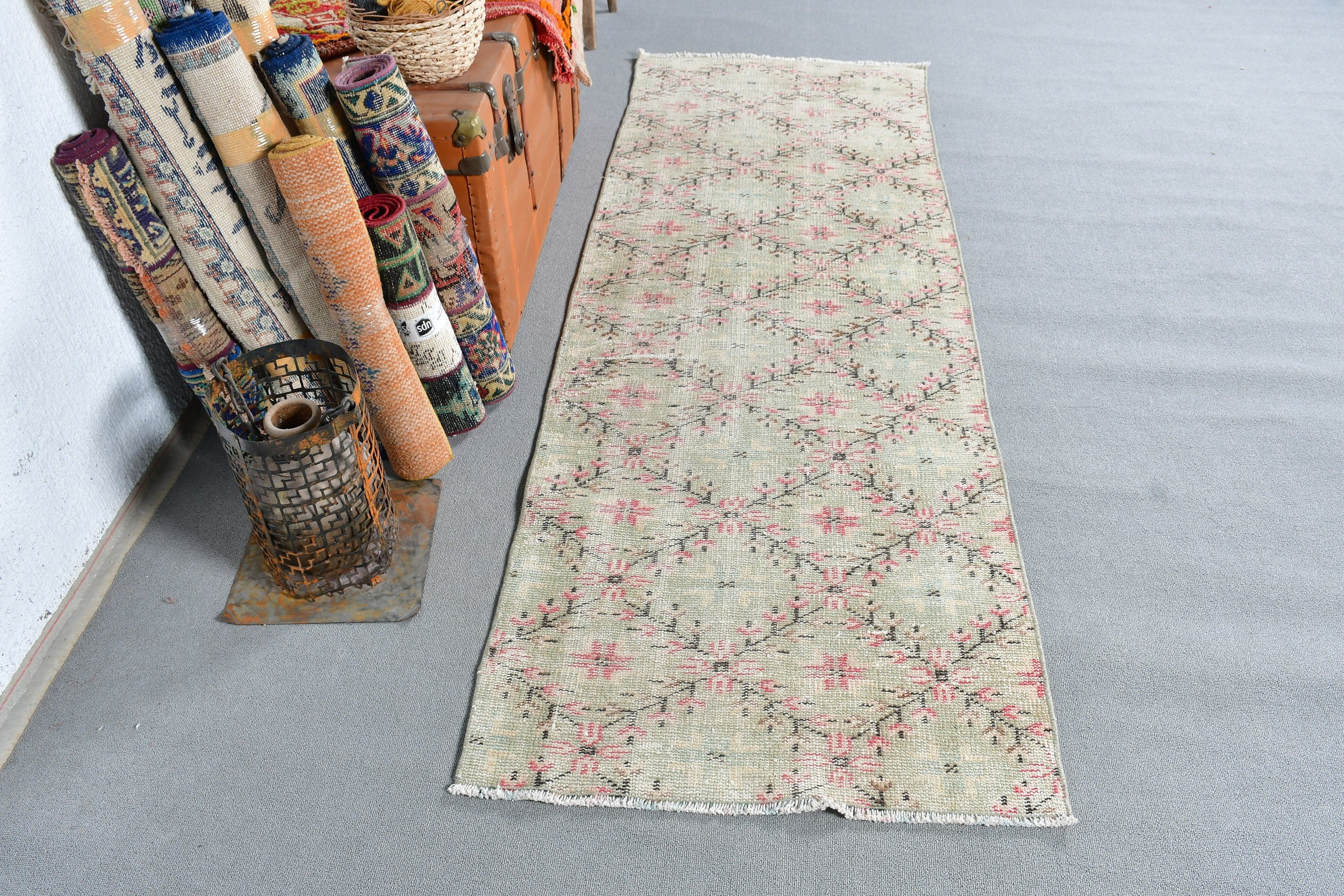 Home Decor Rug, Corridor Rugs, Green Cool Rug, Vintage Rugs, Hallway Rugs, Kitchen Rug, Distressed Rug, 2.6x8.4 ft Runner Rug, Turkish Rug