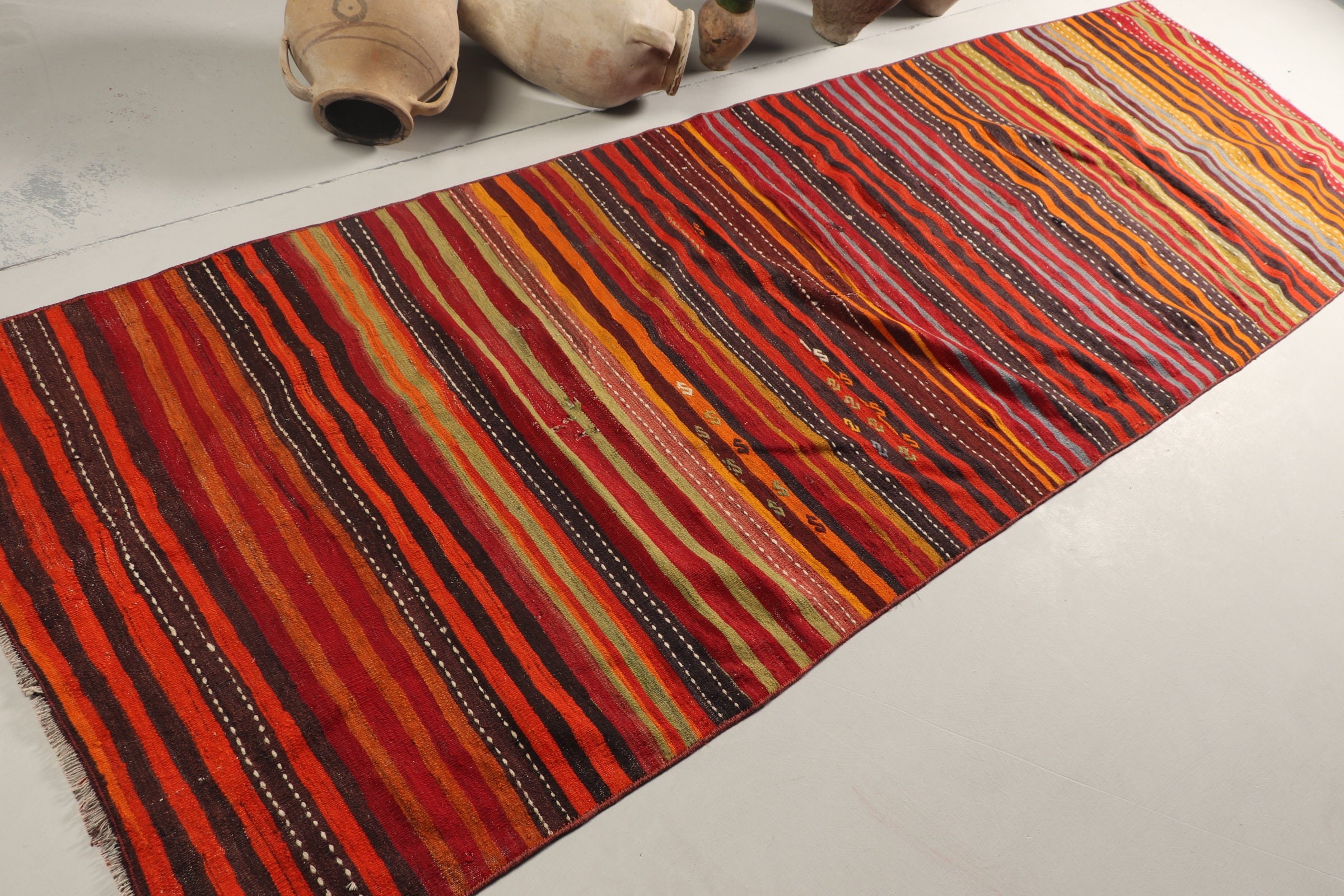 Kilim, Yeşil Yün Halı, Vintage Halı, Yün Halılar, Türkiye Halısı, Oryantal Halı, Koridor Halısı, Türk Halısı, 3.6x11.4 ft Koşucu Halısı, Merdiven Halıları