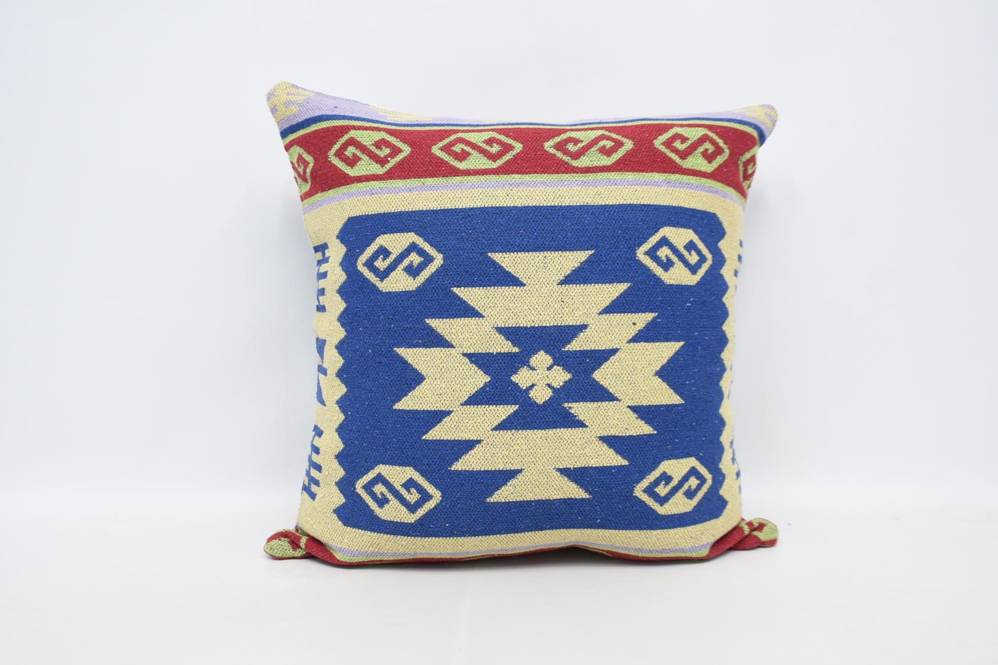 Ethnical Kilim Rug Pillow, Vintage Kilim Pillow, Garden Cushion Case, 28"x28" Blue Pillow Cover, Kilim Pillow, Floor Pillow Case