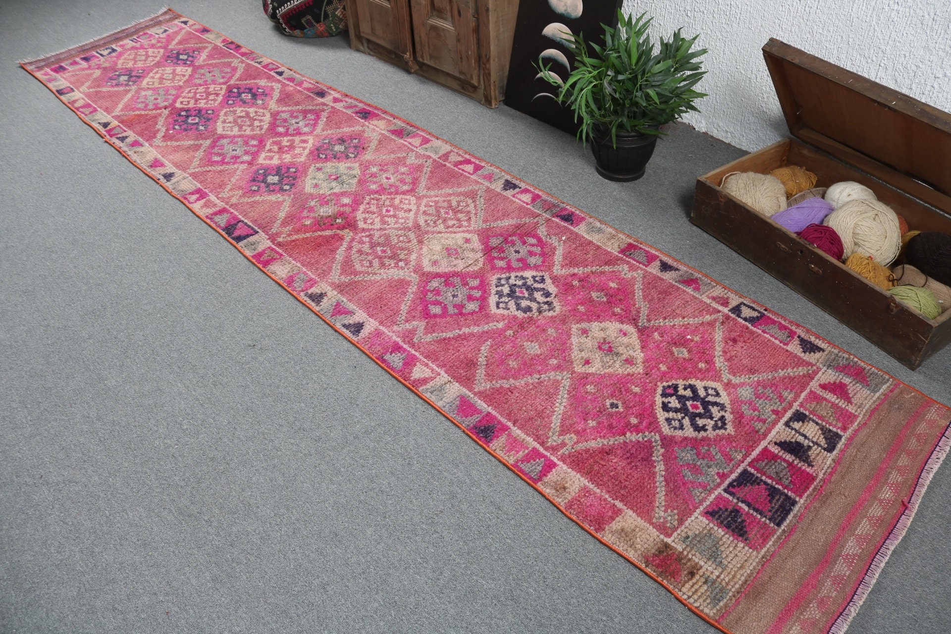 Vintage Rugs, Handmade Rug, Neutral Rugs, 2.5x12.3 ft Runner Rug, Floor Rugs, Beni Ourain Runner Rugs, Turkish Rugs, Pink Statement Rugs