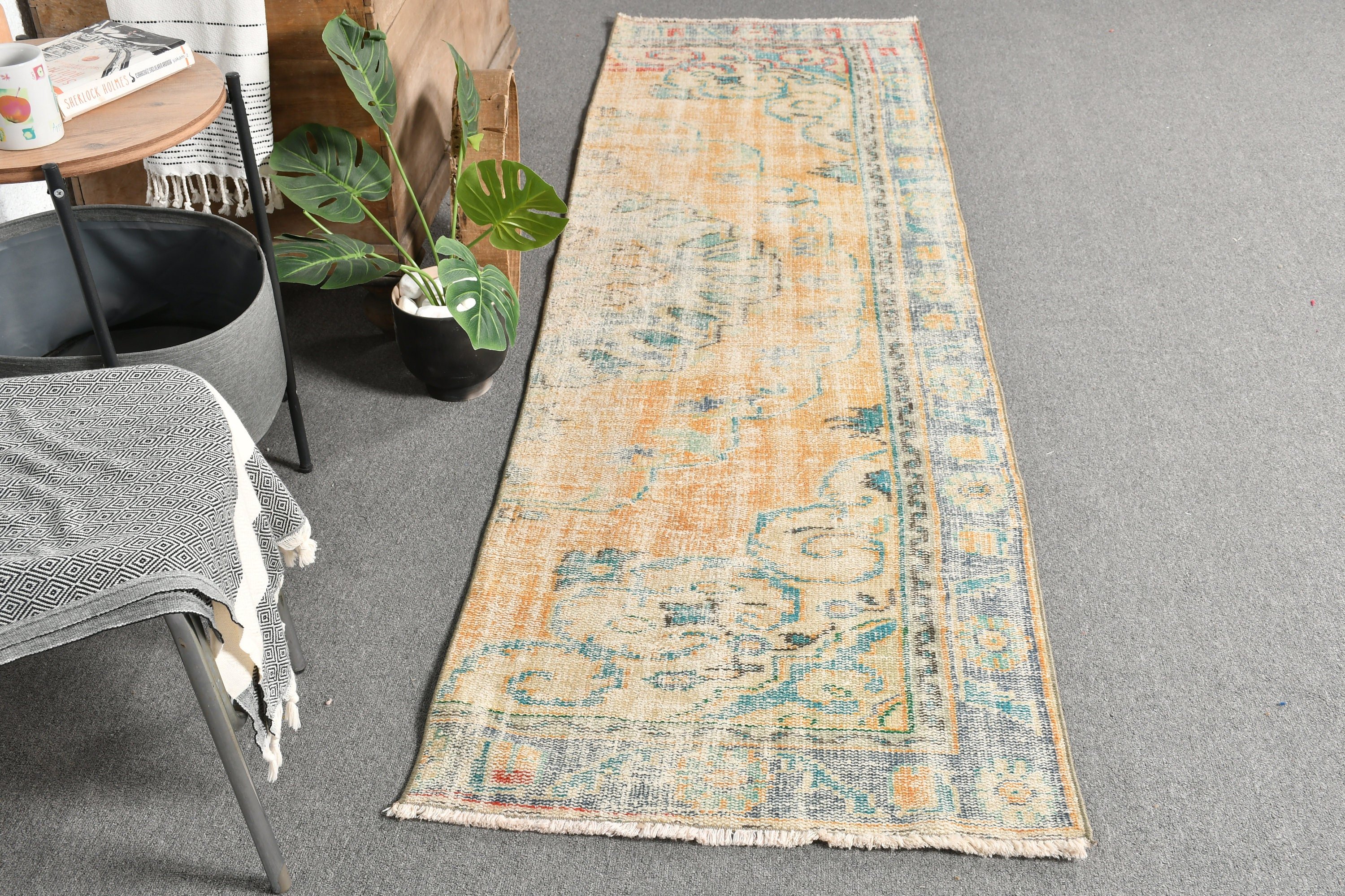 2.5x8.5 ft Runner Halı, Doğal Halı, Türk Halıları, Oryantal Halılar, Vintage Halılar, Merdiven Halısı, Koridor Halısı, Sarı Soğuk Halı