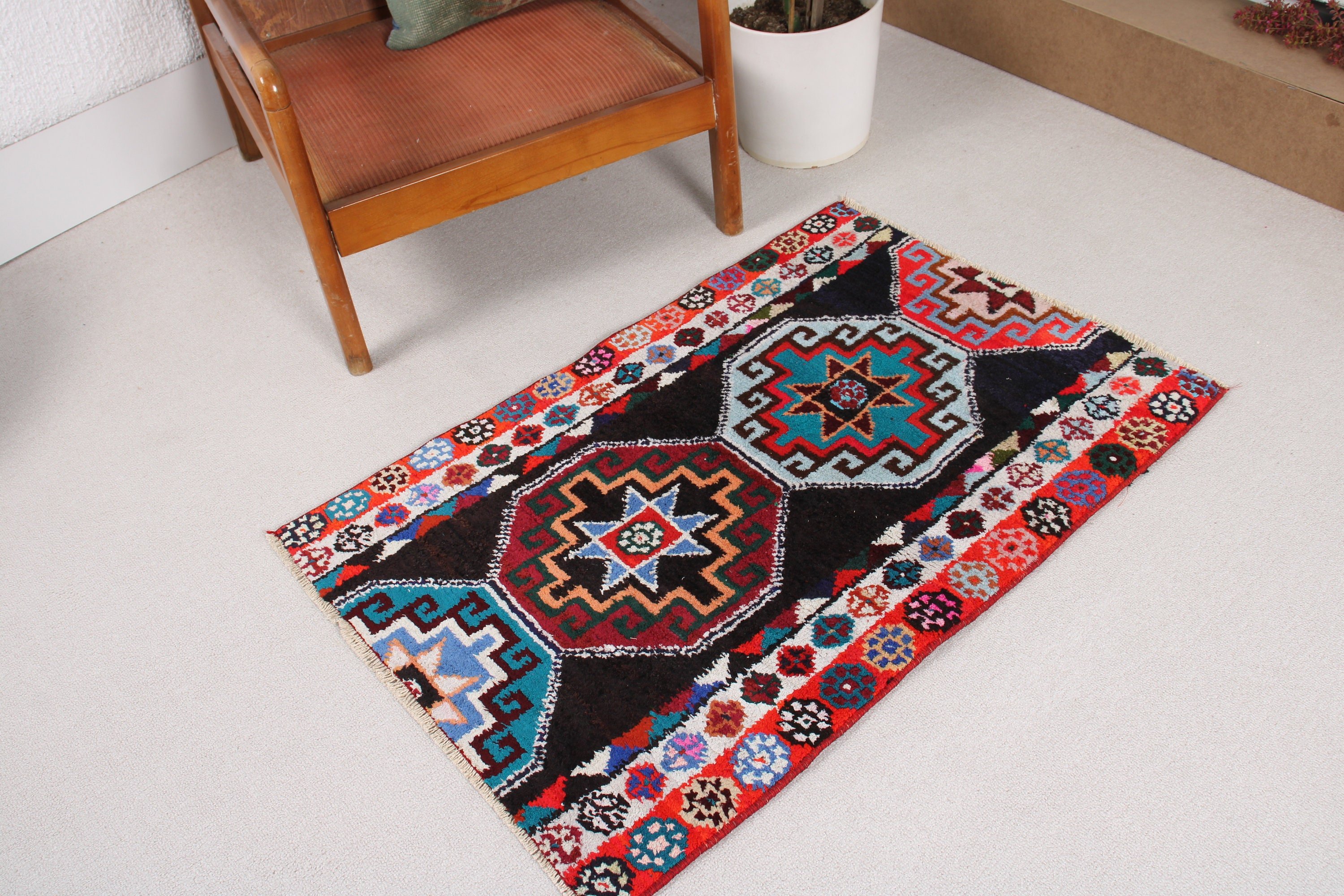 Boho Halı, Türk Halıları, 2.4x3.5 ft Küçük Halı, Küçük Vintage Halı, Vintage Halılar, Anadolu Halıları, Giriş Halıları, Mavi Geometrik Halı, Modern Halılar