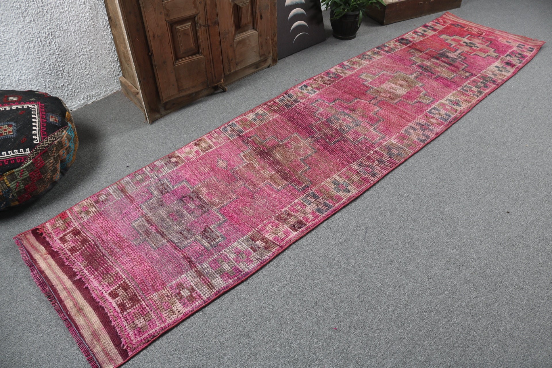 Beni Ourain Runner Rugs, Statement Rugs, Pink Geometric Rug, Turkish Rug, Corridor Rugs, Vintage Rug, 2.4x9.9 ft Runner Rugs, Cool Rug