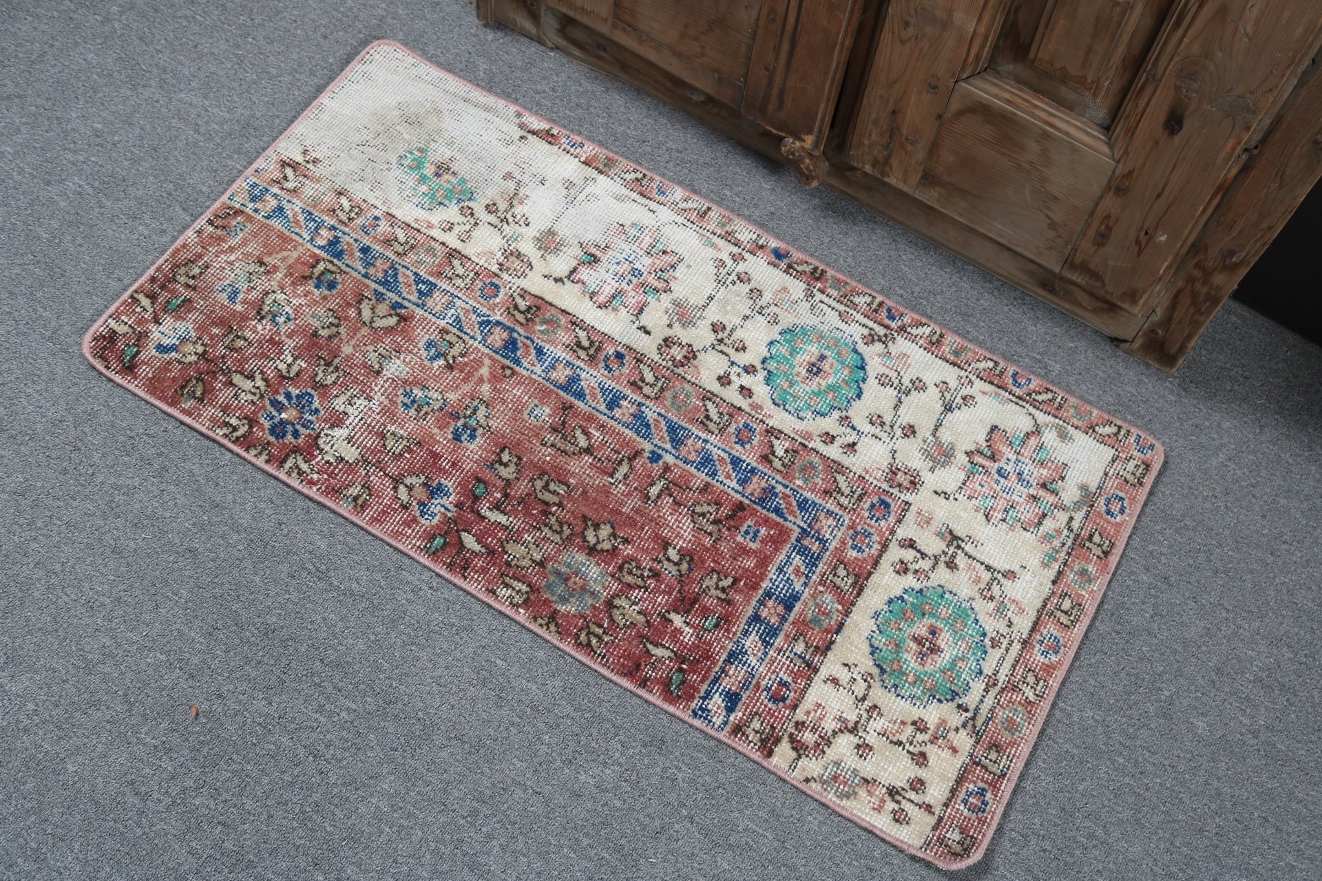 Mutfak Halıları, El Yapımı Halılar, Türk Halıları, Vintage Halı, Küçük Alan Halıları, 1.6x3.2 ft Küçük Halılar, Kırmızı Boho Halı, Oushak Halıları, Kapı Paspası Halıları