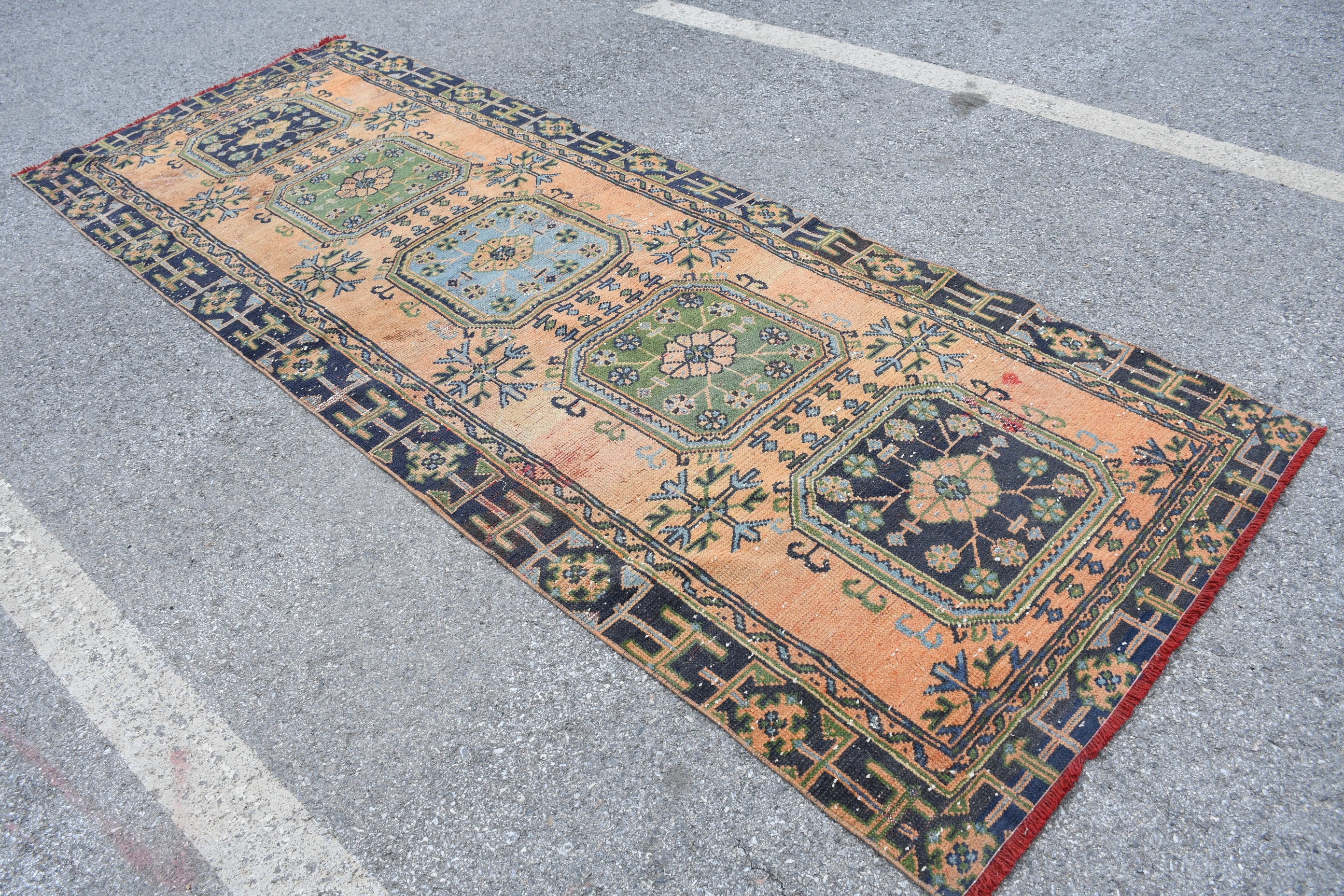 Orange Anatolian Rug, Antique Rug, Organic Rug, Turkish Rugs, Corridor Rug, Hallway Rug, 4x10.8 ft Runner Rugs, Oushak Rug, Vintage Rugs