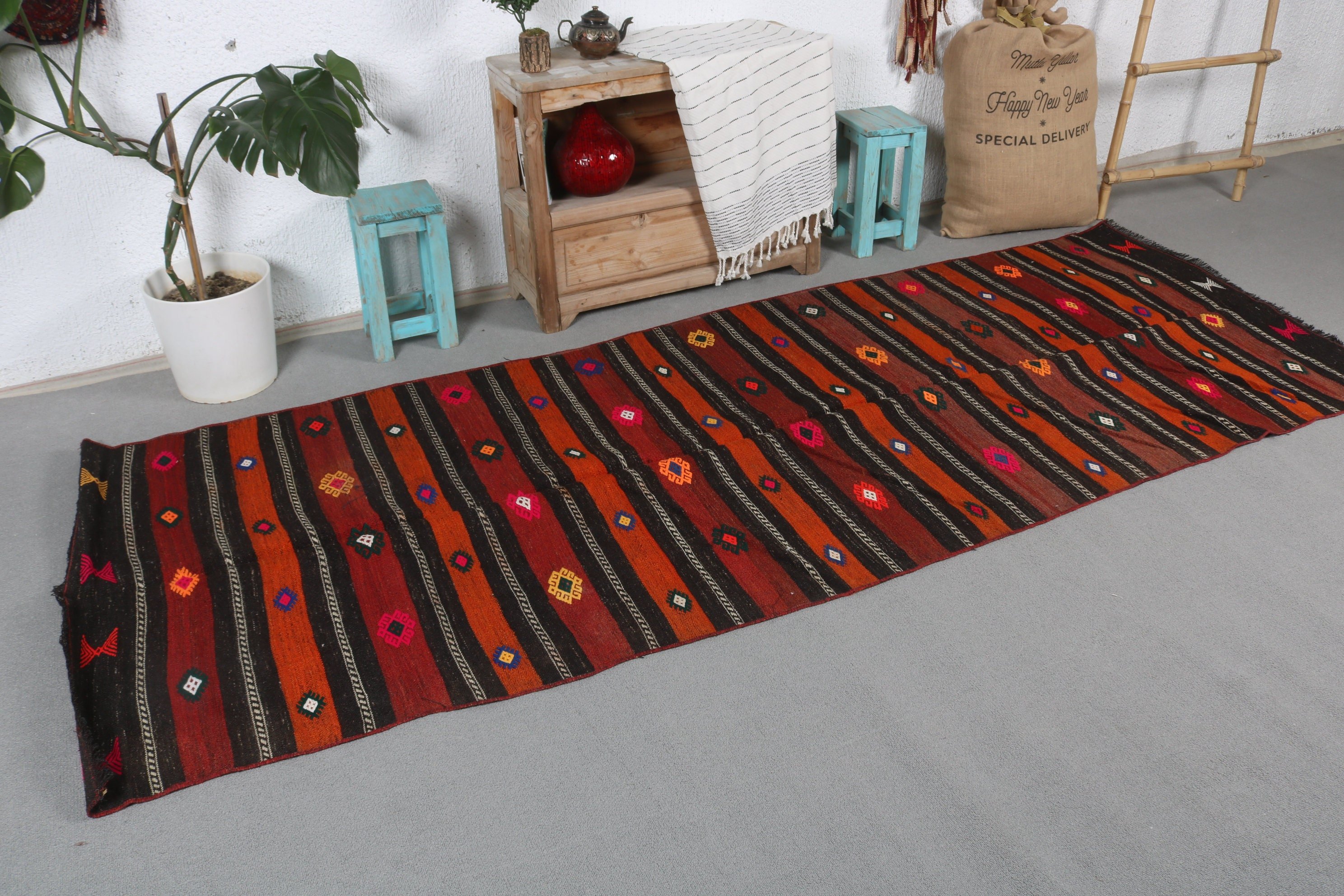 3.4x9.5 ft Runner Halıları, Kilim, Vintage Halı, Mutfak Halıları, Yer Halısı, Mutfak Halıları, Türk Halıları, Oushak Halıları, Turuncu Yer Halıları