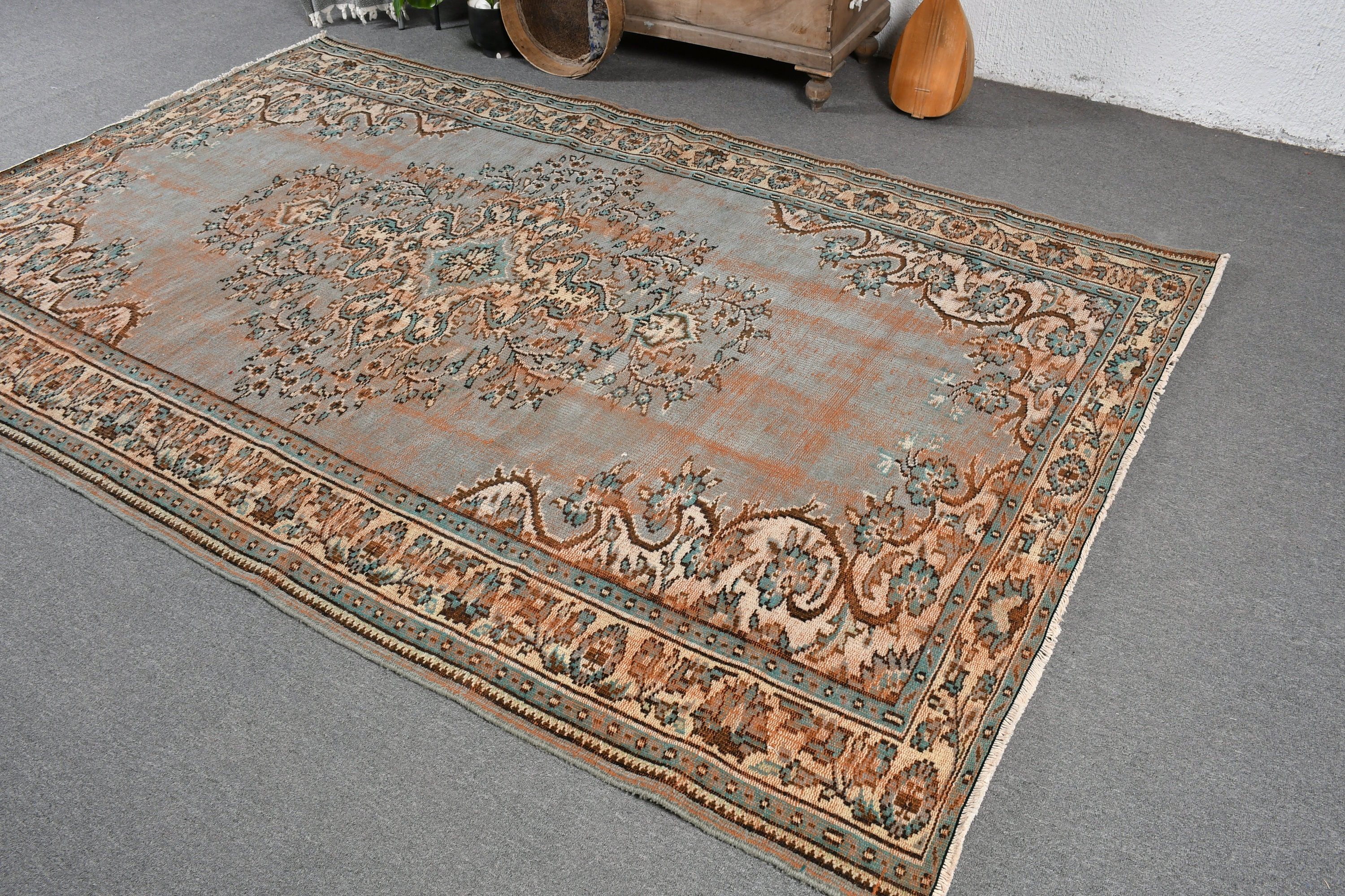 Living Room Rug, Vintage Rug, Oriental Rug, Kitchen Rug, Dining Room Rugs, 5.9x9.4 ft Large Rug, Floor Rug, Green Kitchen Rug, Turkish Rugs