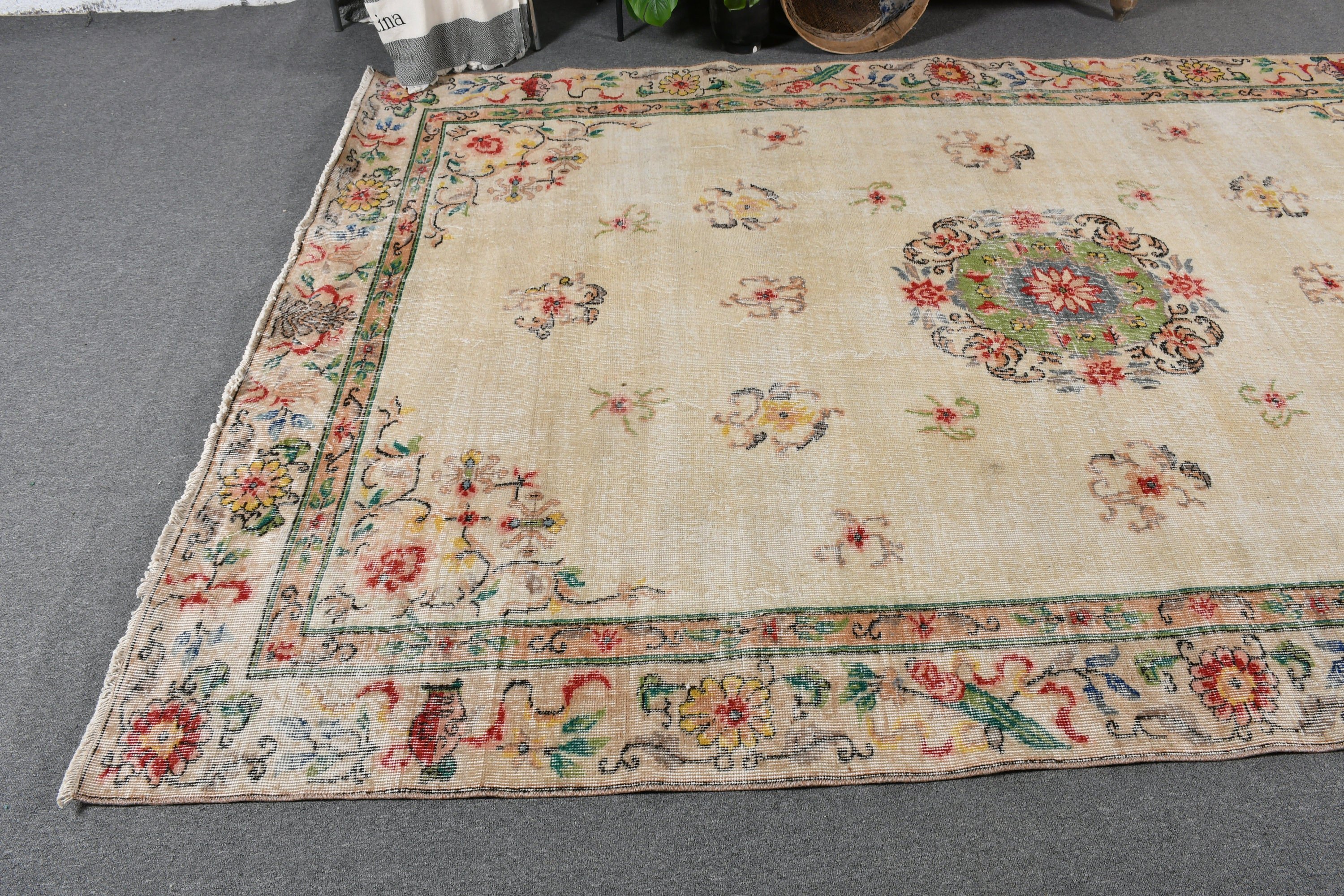 Antique Rug, Beige Antique Rugs, Salon Rugs, Dining Room Rugs, 6.6x9.8 ft Large Rug, Art Rugs, Turkish Rugs, Vintage Rug