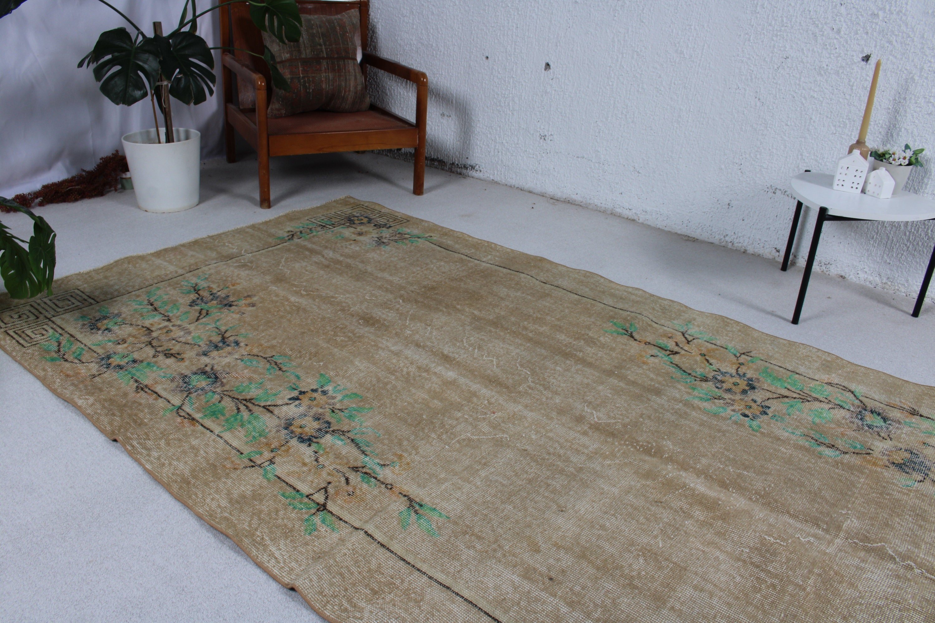 Bej 5x9.4 ft Büyük Halılar, Türk Halısı, Türkiye Halıları, Yemek Odası Halıları, Vintage Halı, Açıklama Halıları, Boho Halıları, Salon Halısı