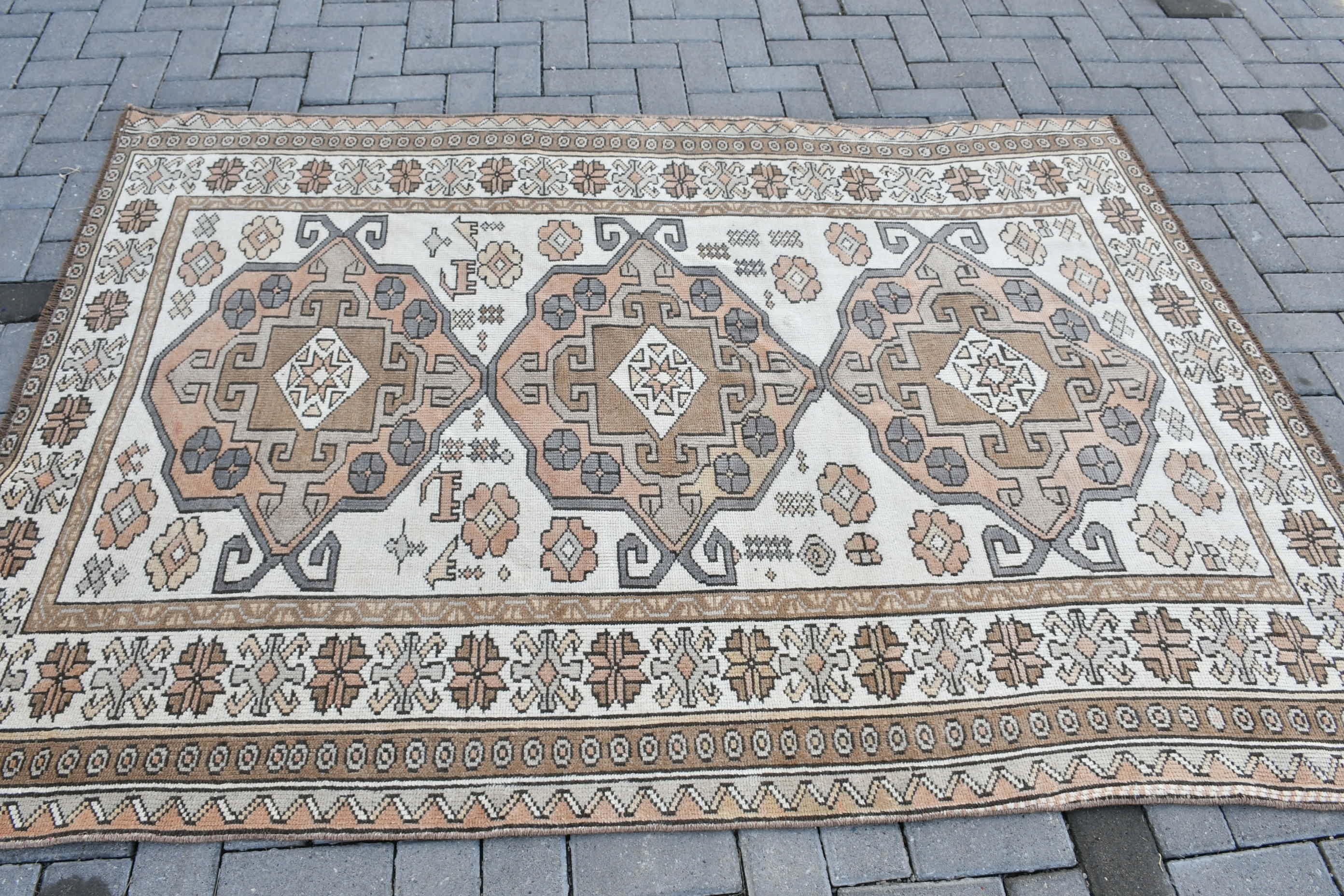 Yün Halı, Bej Yatak Odası Halıları, 4,8x6,8 ft Alan Halıları, Vintage Halı, Boho Alan Kilim Halıları, Ev Dekorasyonu Halıları, Türk Halısı, İç Mekan Halıları, Yer Halısı