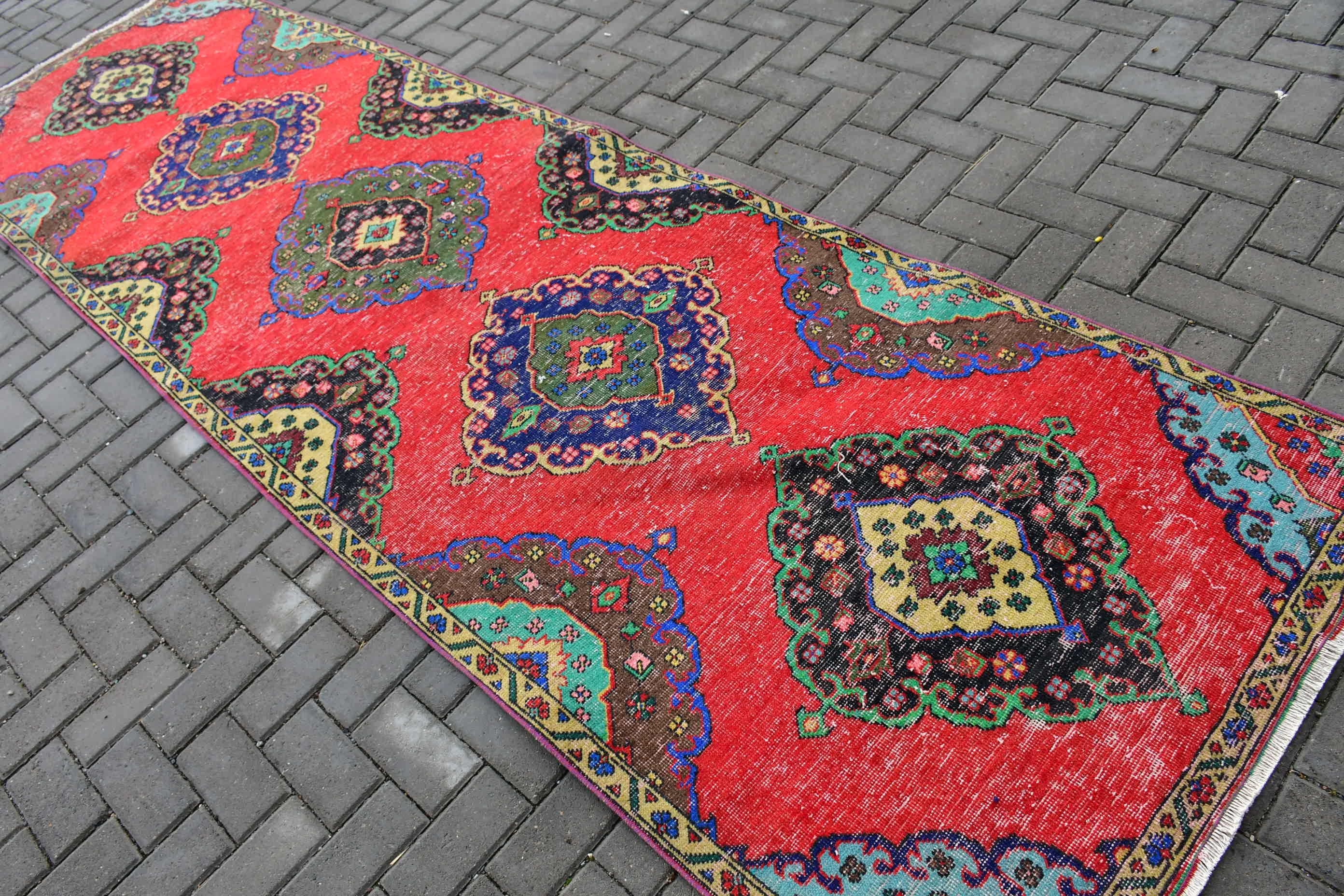 Moroccan Rug, 3.5x11.9 ft Runner Rugs, Stair Rug, Turkish Rug, Bohemian Rug, Rugs for Kitchen, Oushak Rug, Vintage Rug, Red Floor Rugs