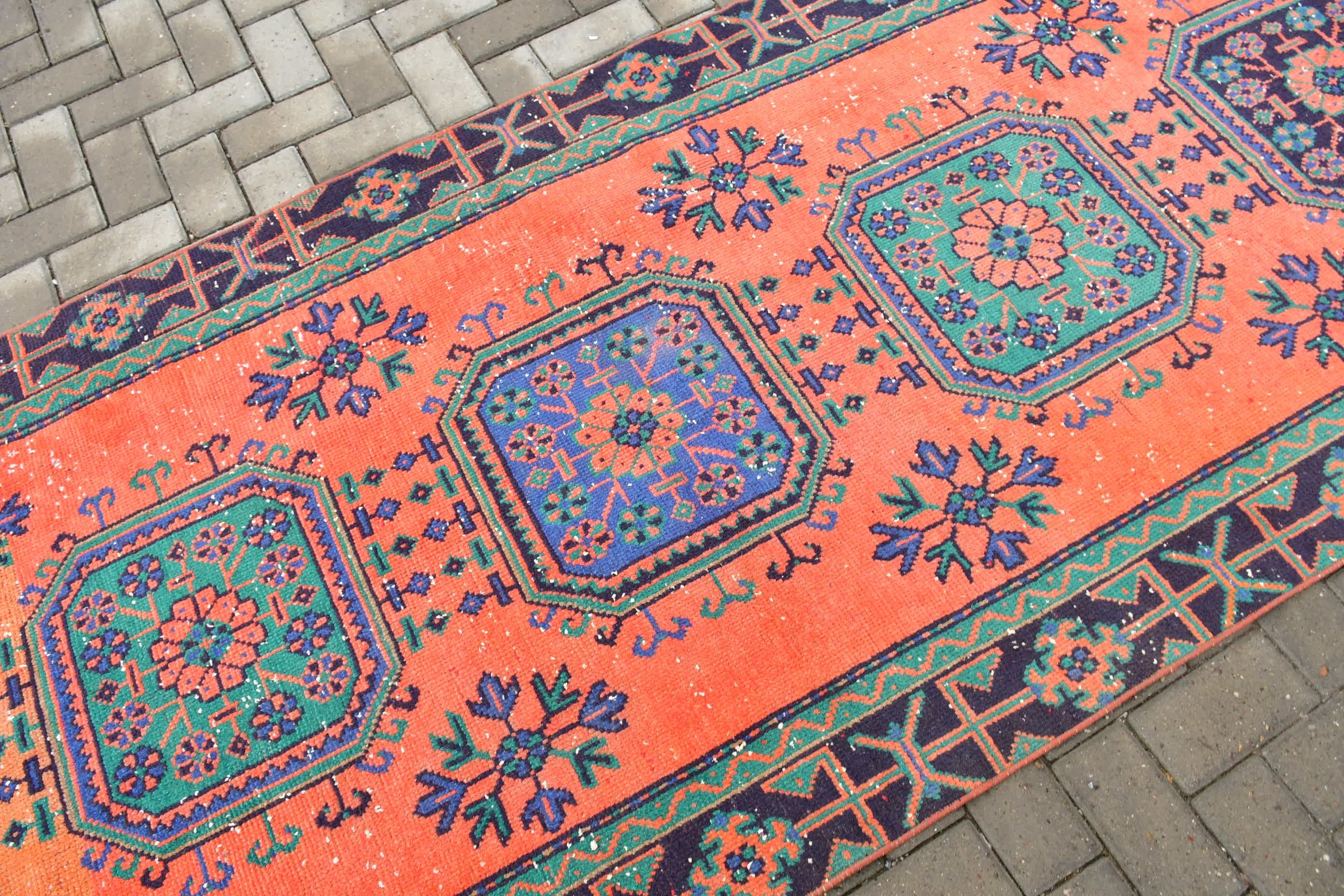 Retro Rug, Vintage Rug, Orange Floor Rugs, 3.9x10.8 ft Runner Rug, Hallway Rugs, Turkish Rug, Anatolian Rug, Kitchen Rug