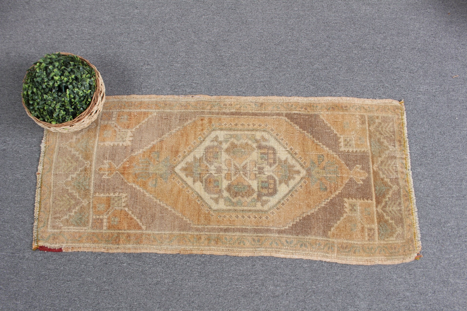 Türk Halısı, Vintage Halı, Kahverengi Ev Dekorasyonu Halısı, Oushak Halıları, Duvara Asılı Halı, Yatak Odası Halısı, Sanat Halısı, 1.6x3.6 ft Küçük Halı