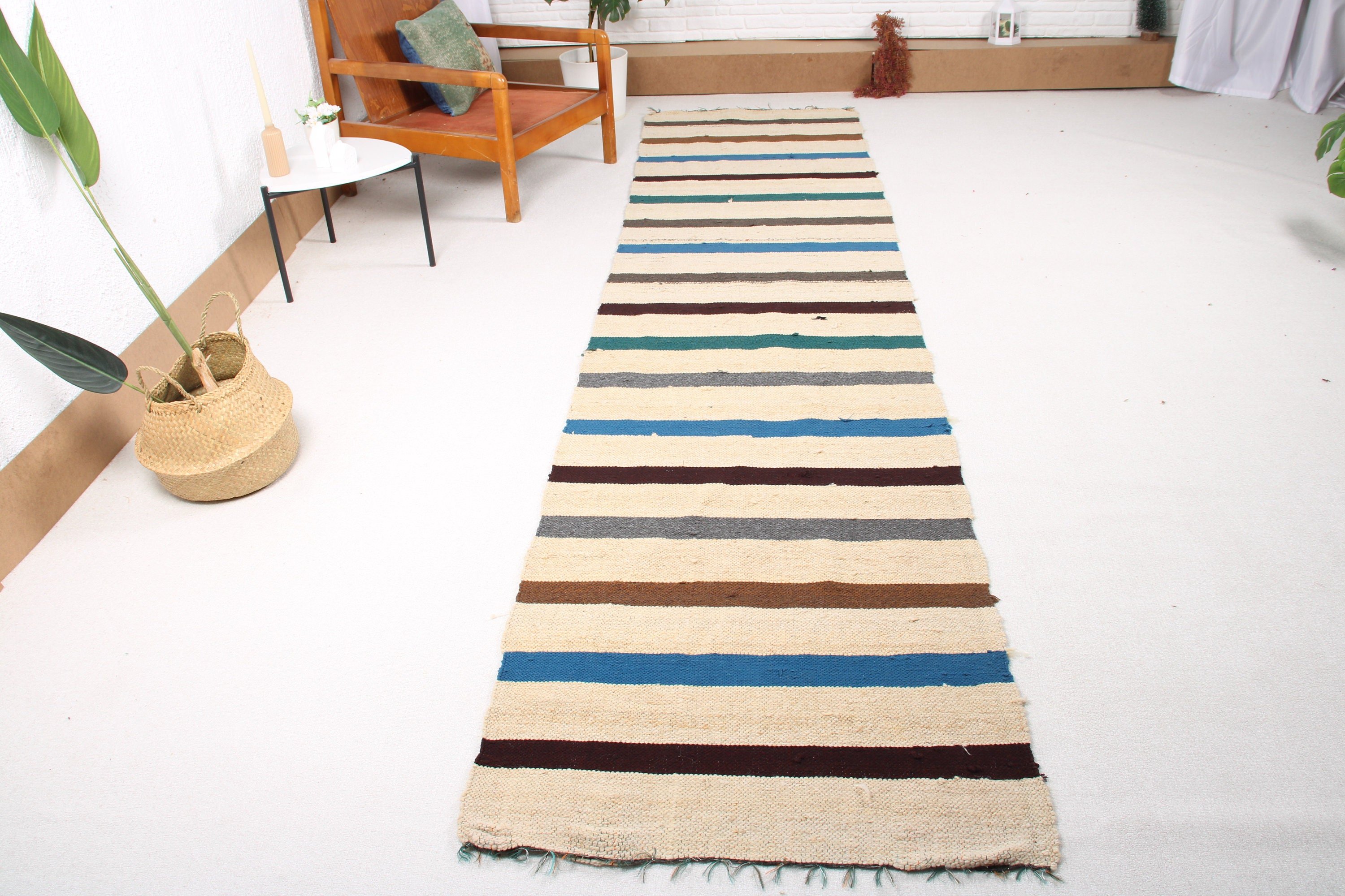 Boho Halı, Kilim, Koridor Halısı, Vintage Halı, Türk Halısı, Bej Lüks Halı, Mutfak Halıları, Aztek Halıları, Oushak Halısı, 2,9x11,9 ft Runner Halısı