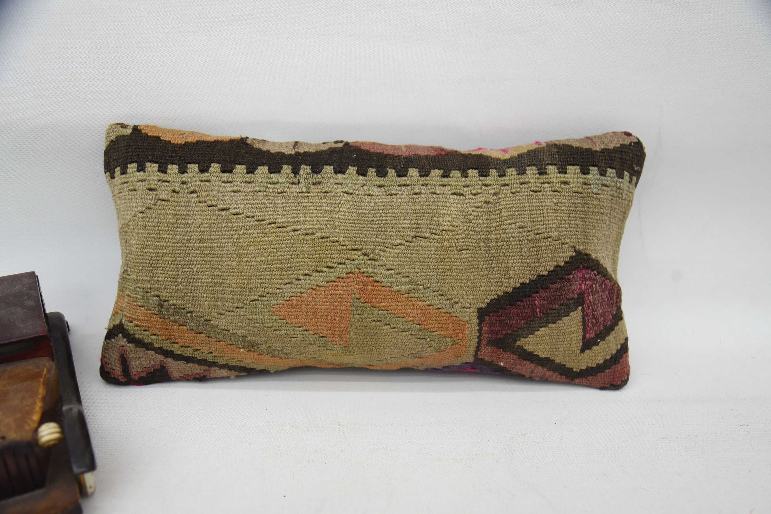 Wool Kilim Pillow Cushion, Handmade Throw Cushion Cover, 8"x16" Beige Pillow Sham, Vintage Pillow, Pillow for Couch, Turkish Pillow