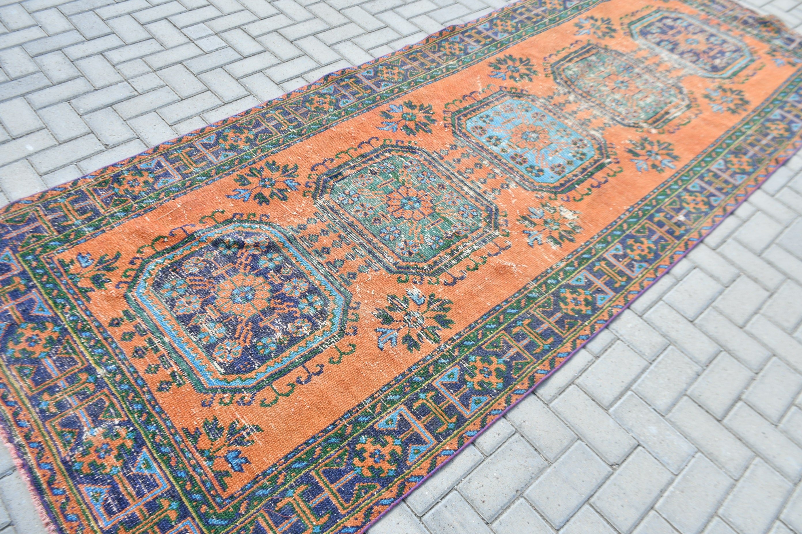 Kitchen Rug, Hand Woven Rug, Vintage Rug, Orange Moroccan Rugs, Bedroom Rug, 4.4x11.3 ft Runner Rugs, Rugs for Kitchen, Turkish Rug