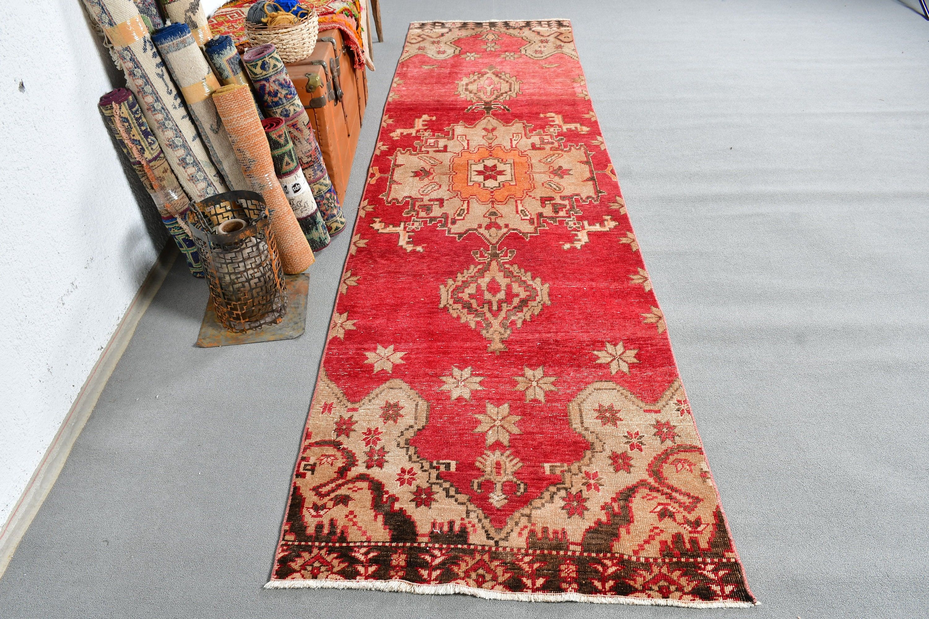 Oushak Rug, Red  3x11 ft Runner Rug, Corridor Rugs, Hallway Rug, Wool Rugs, Rugs for Runner, Turkish Rug, Vintage Rug