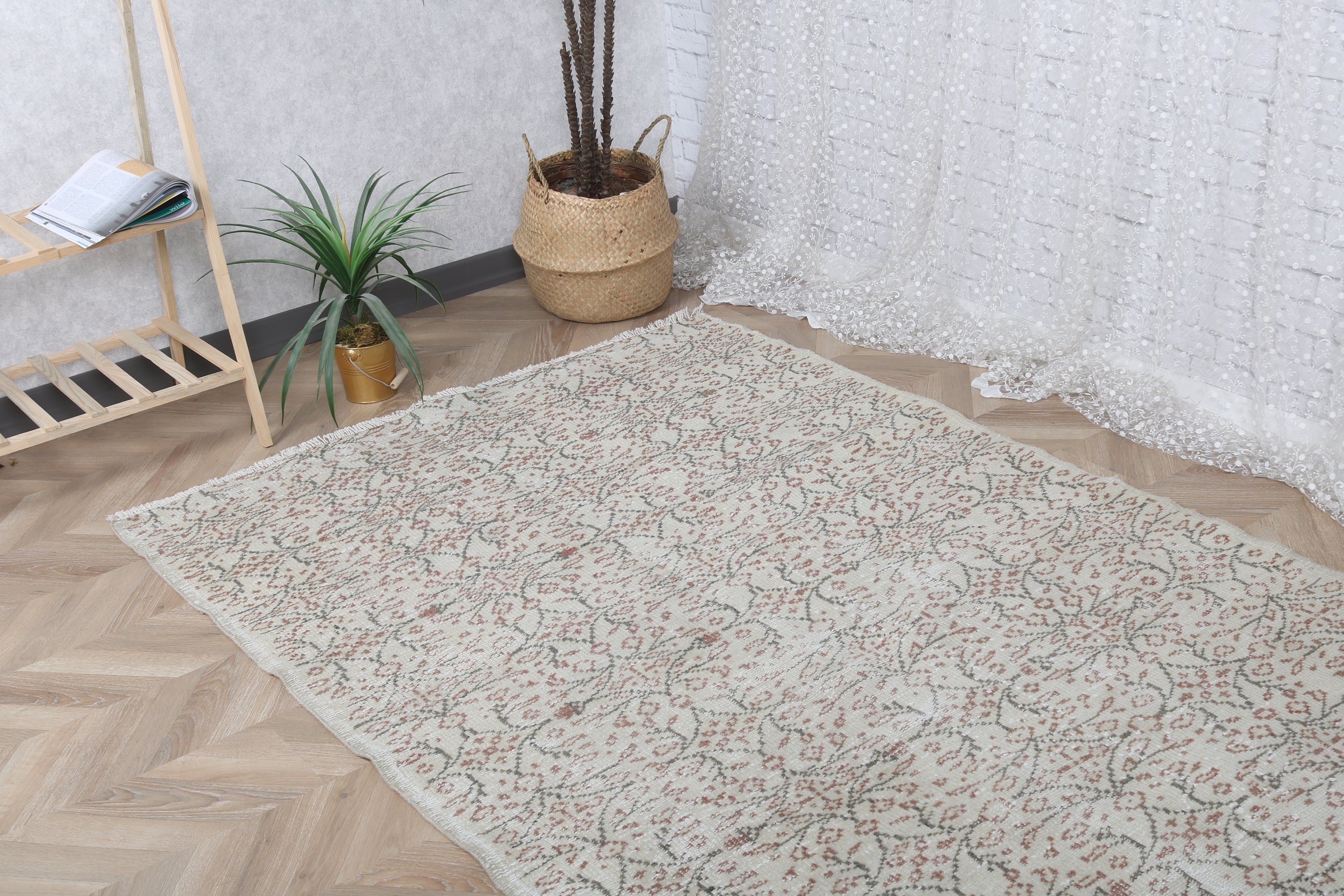 Beige Geometric Rug, Kitchen Rugs, Vintage Rug, 4.3x8.4 ft Area Rug, Handwoven Rug, Turkish Rug, Floor Rug, Bedroom Rug