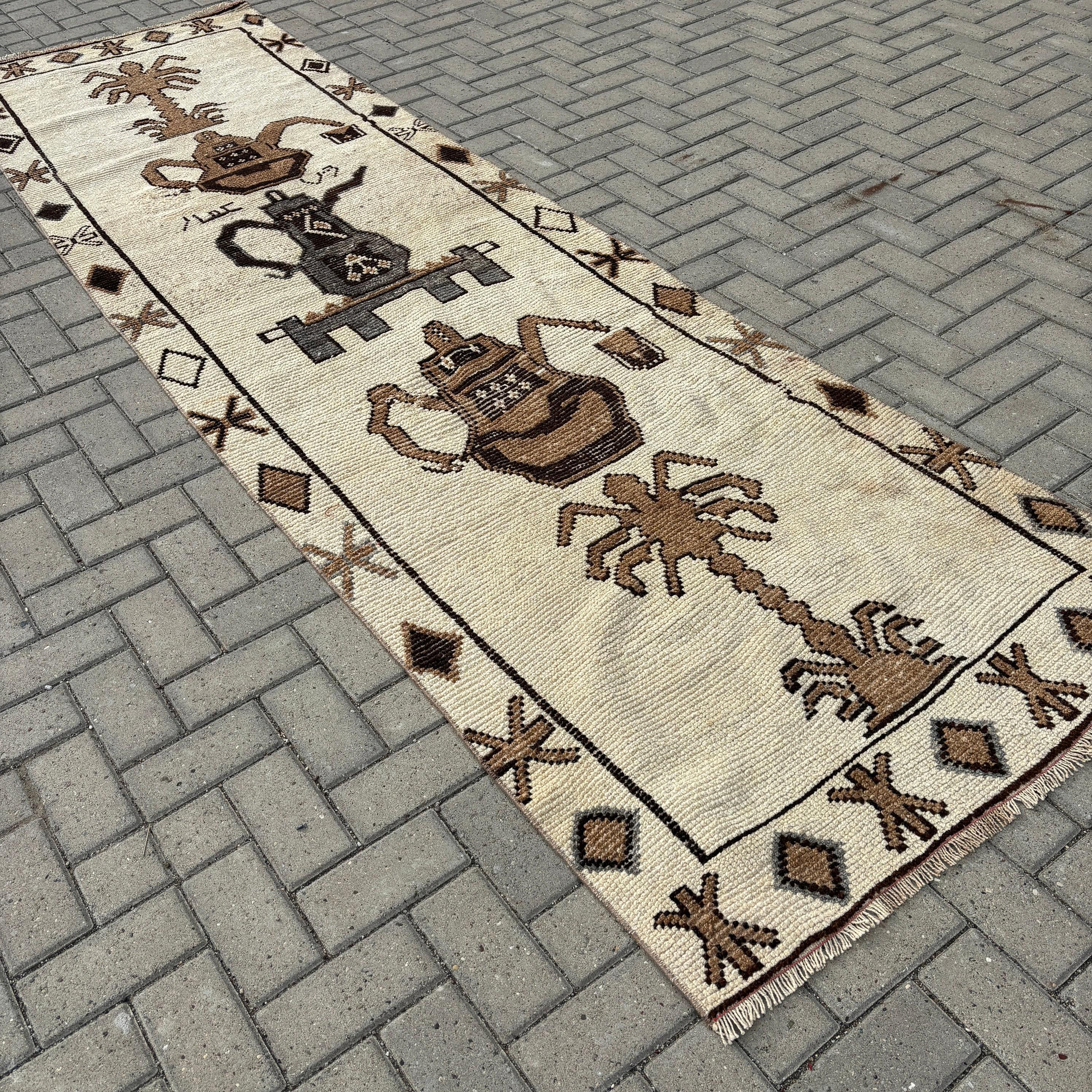 Luxury Rugs, Vintage Rug, Beige Neutral Rugs, 3.2x11.2 ft Runner Rugs, Vintage Runner Rug, Statement Rug, Turkish Rugs, Long Runner Rugs