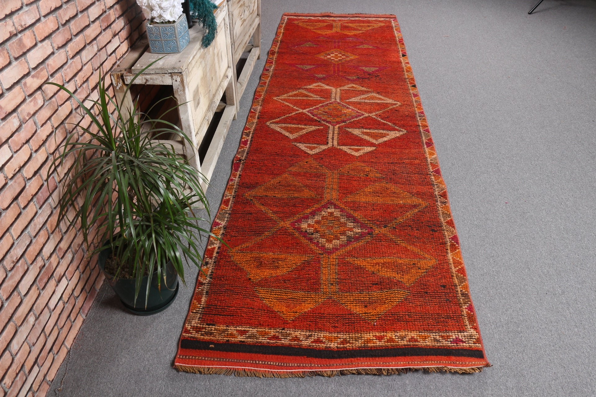 3.1x10.7 ft Runner Rugs, Turkish Rugs, Hallway Rug, Old Rug, Vintage Rug, Antique Rugs, Kitchen Rugs, Orange Cool Rug