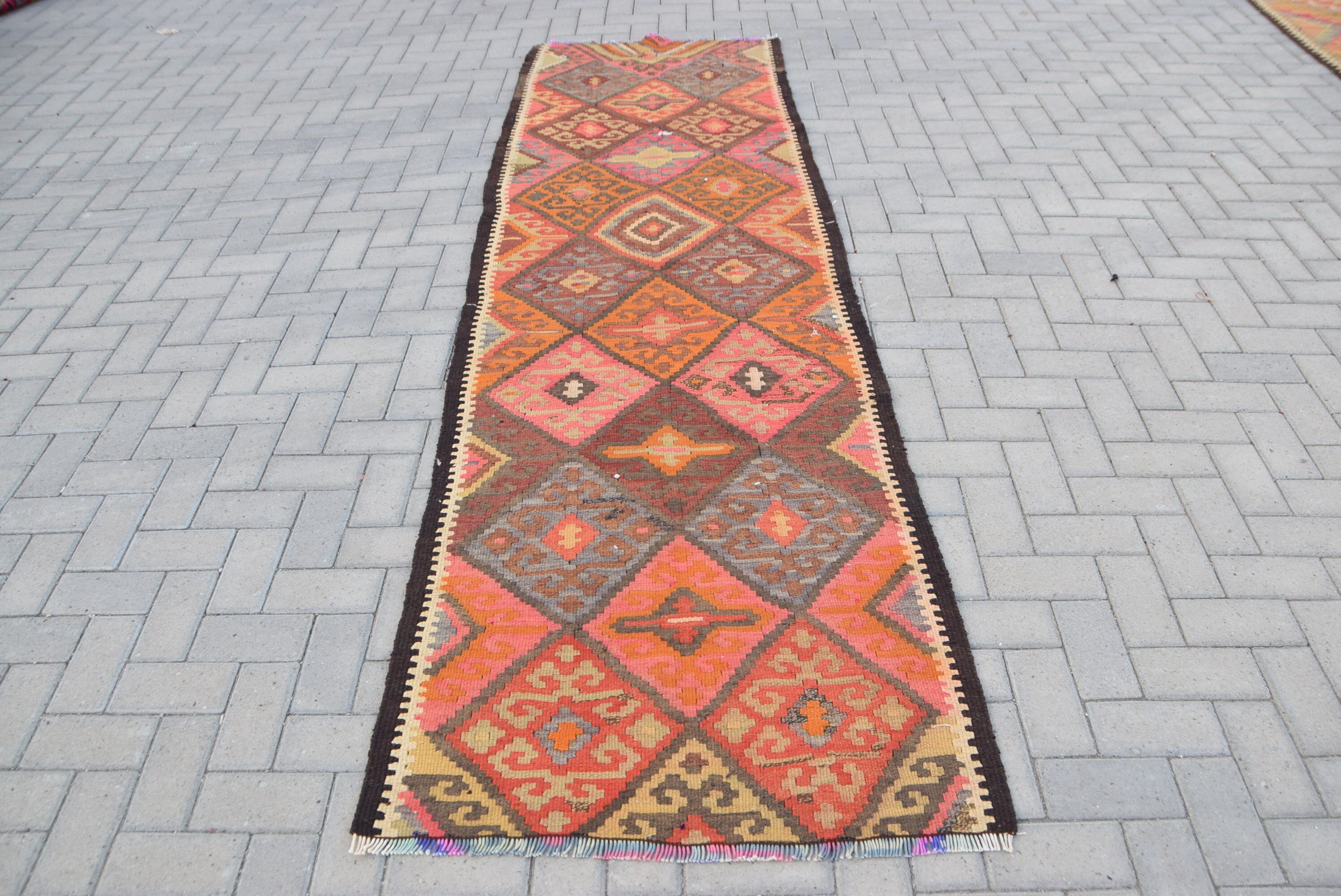 Turkish Rug, Retro Rugs, 3x10 ft Runner Rug, Rugs for Stair, Pink Wool Rugs, Vintage Rugs, Hallway Rugs, Kitchen Rug, Anatolian Rugs