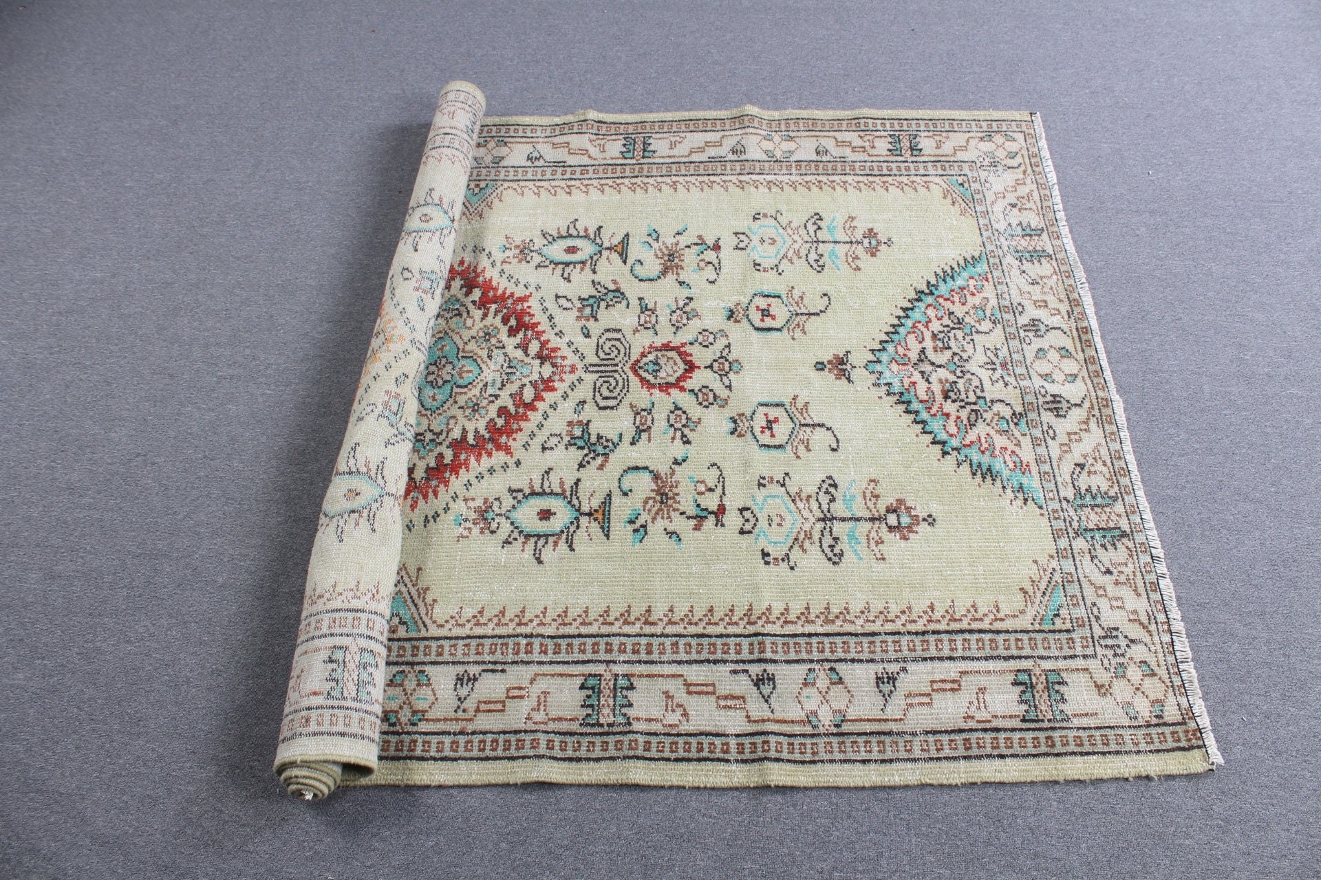 Yatak Odası Halıları, Yeşil 5.1x8.1 ft Büyük Halı, Salon Halısı, Yün Halı, Vintage Halı, Oturma Odası Halısı, Havalı Halılar, Türk Halısı