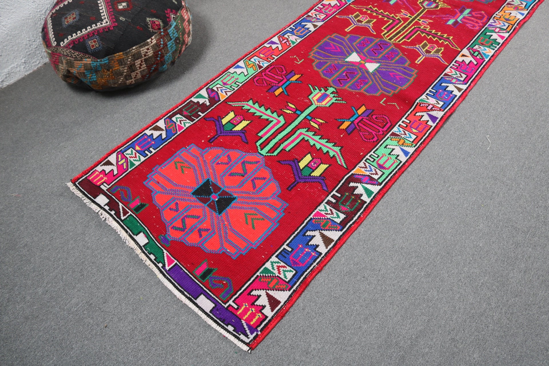 Koridor Halısı, Geometrik Halı, Vintage Halılar, Yün Halılar, Vintage Runner Halısı, Yer Halısı, 3.1x13.3 ft Runner Halıları, Kırmızı Anadolu Halısı, Türk Halısı