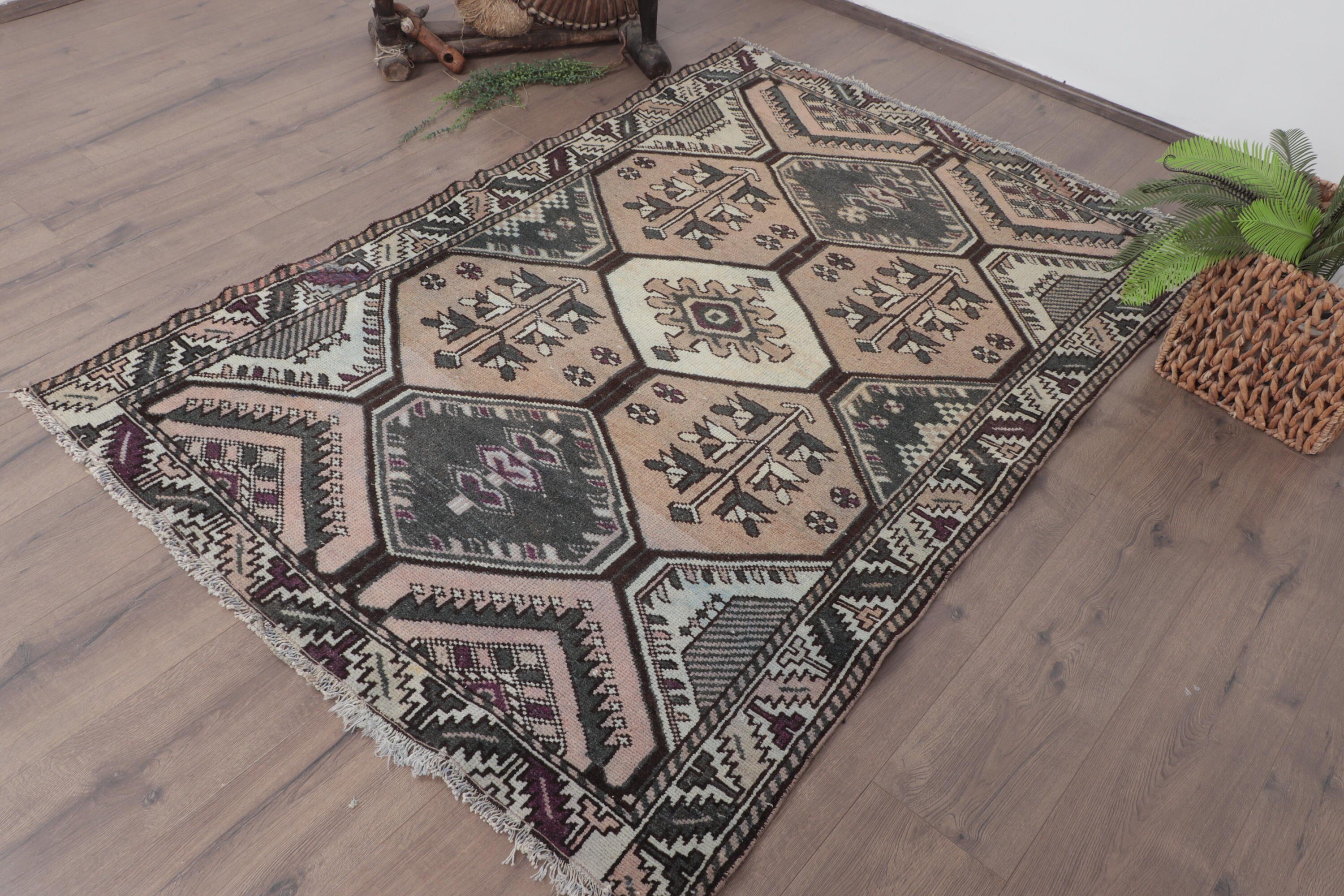 Türk Halıları, Vintage Halılar, Yatak Odası Halısı, Yer Halıları, Kahverengi Geometrik Halı, 4,3x6,1 ft Alan Halısı, Düz Dokuma Halı, Aztek Halısı, Boho Alan Halıları