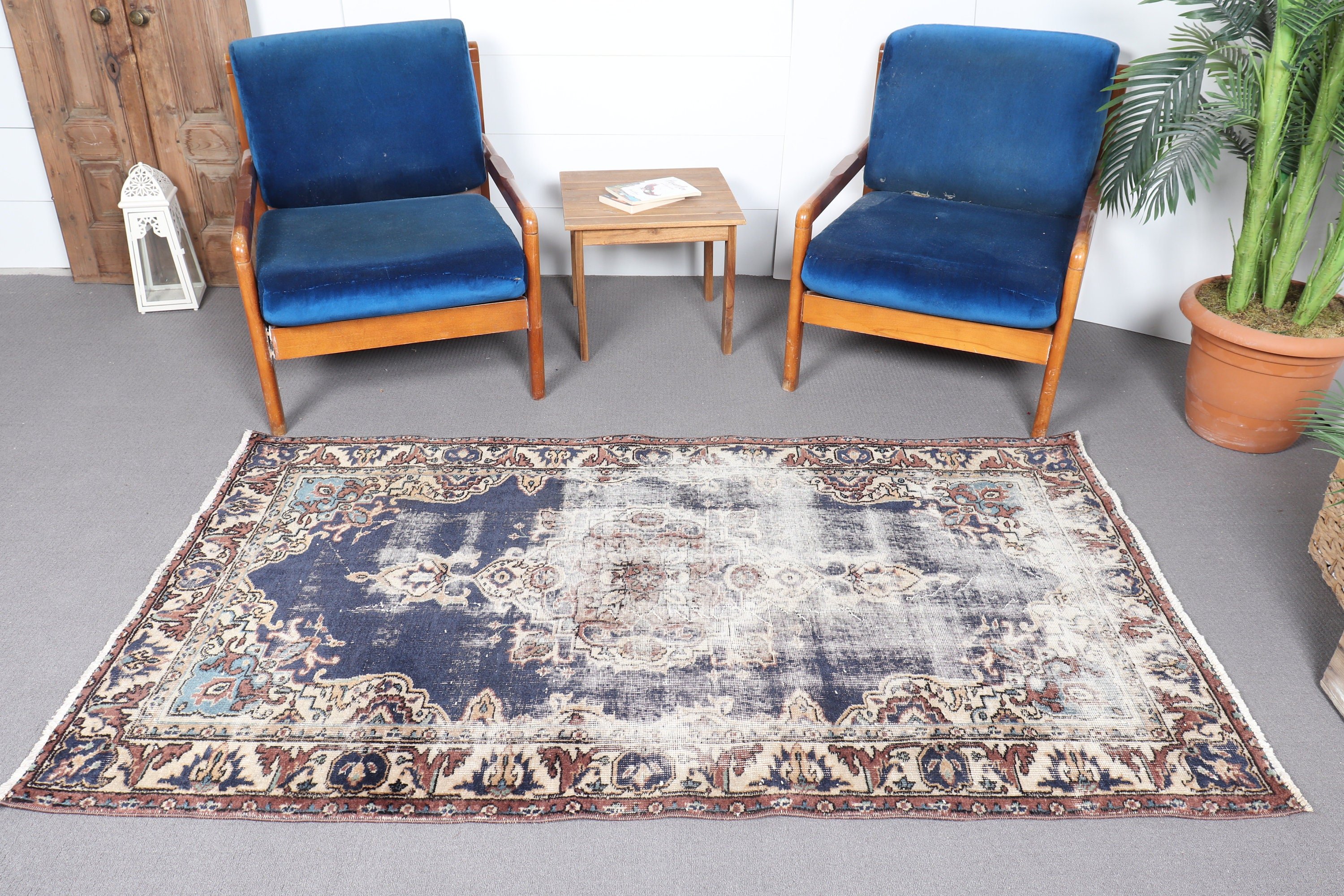 Mavi Anadolu Halısı, Vintage Halı, Mutfak Halısı, Bohem Halıları, Yün Halıları, Mutfak Halıları, Türk Halıları, 3,7x6,5 ft Alan Halıları