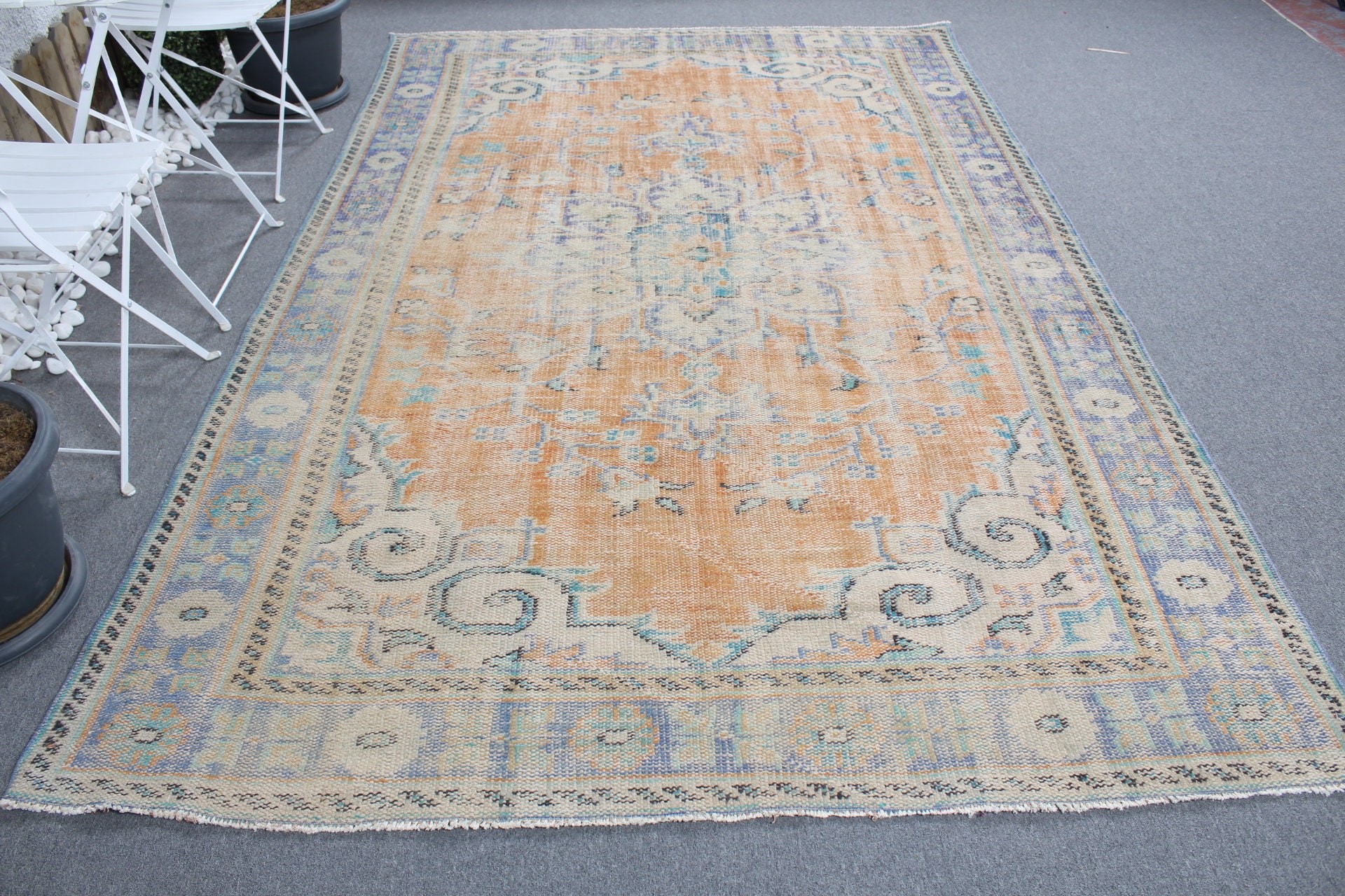 Fas Halısı, Vintage Halı, Yer Halısı, Yemek Odası Halısı, Turuncu Ev Dekor Halıları, Oturma Odası Halısı, Türk Halısı, 6.4x9.8 ft Büyük Halılar, Eski Halı