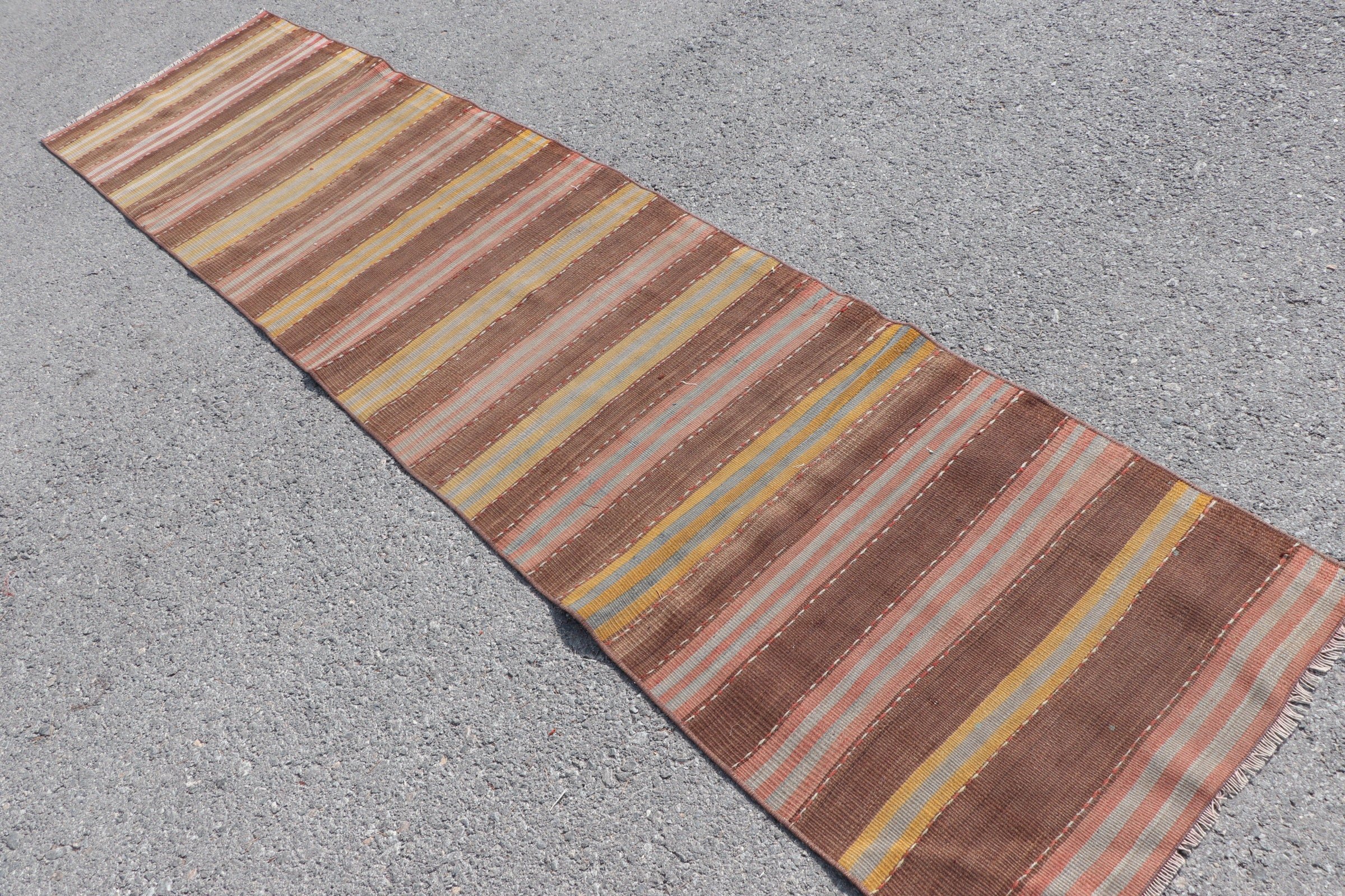 Türk Halısı, 2.4x10.4 ft Runner Halısı, Yer Halıları, Kahverengi Mutfak Halısı, Vintage Halı, Eklektik Halı, Kilim, Koridor Halıları, Merdiven Halısı, Yatak Odası Halısı