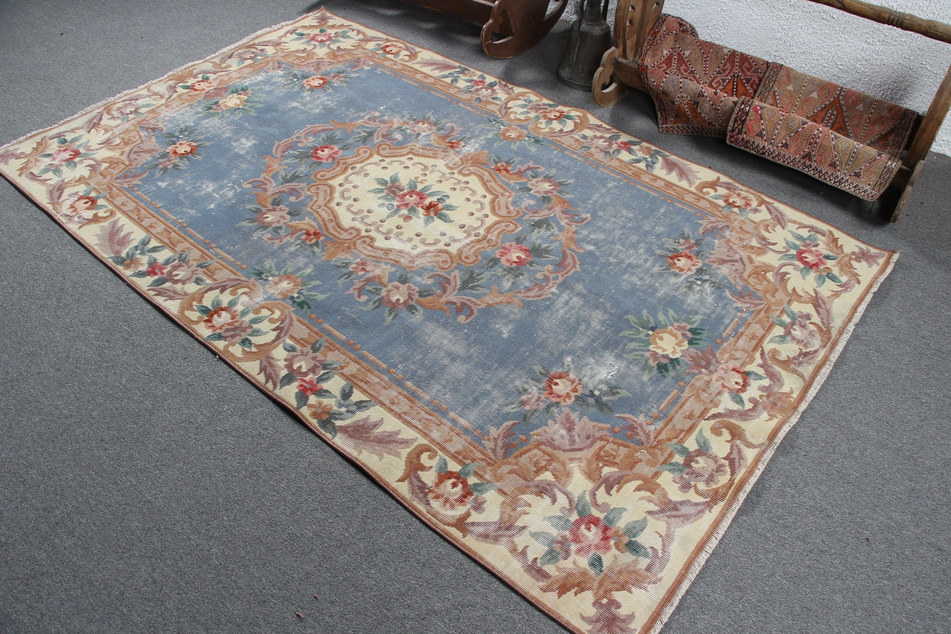 Floor Rug, Turkish Rugs, Aesthetic Rugs, Bedroom Rug, 4.6x7.5 ft Area Rug, Rugs for Dining Room, Blue Wool Rug, Vintage Rug