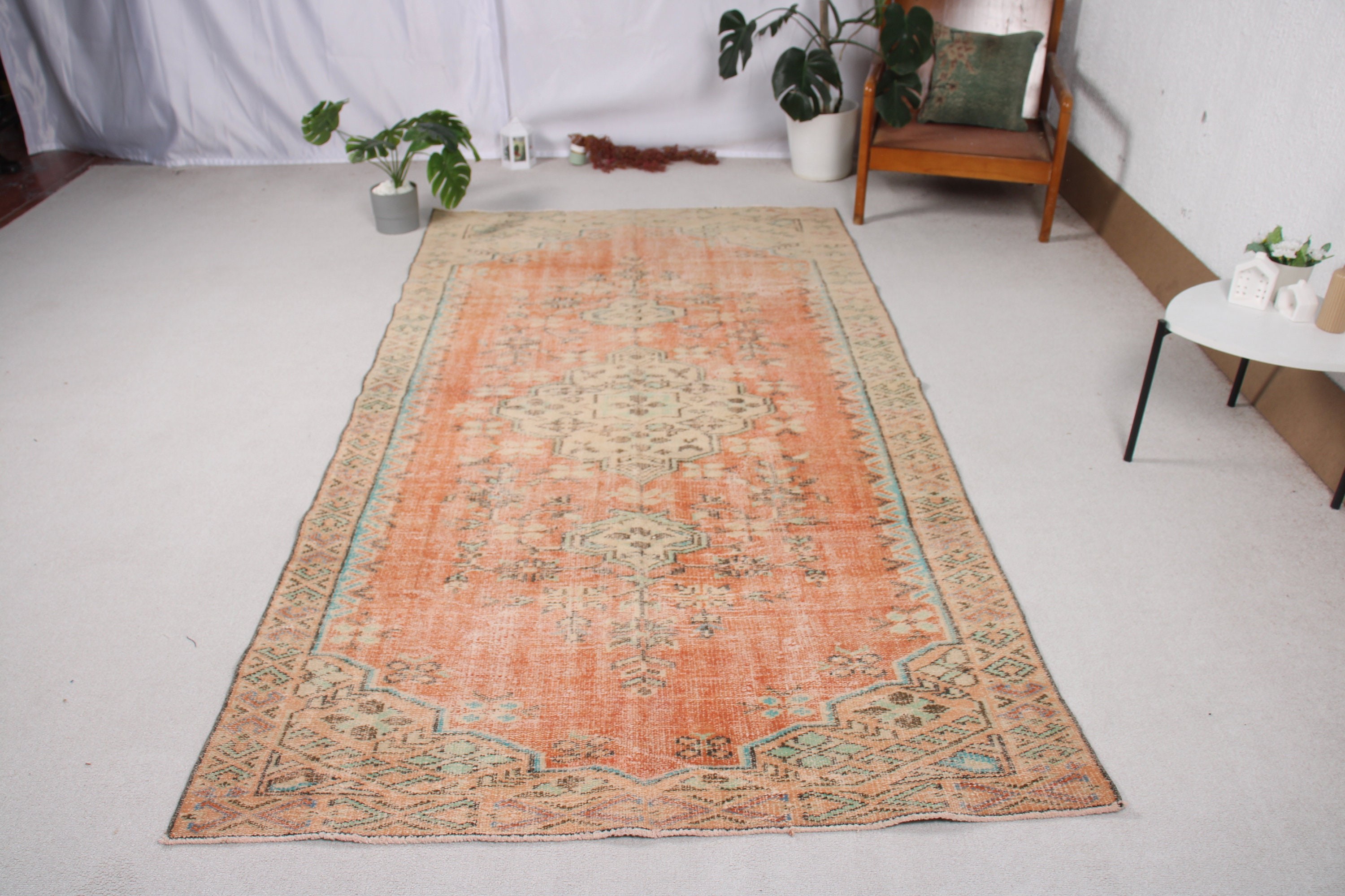 Anadolu Halıları, Büyük Vintage Halı, 4,7x8,8 ft Büyük Halılar, Vintage Halılar, El Dokuma Halı, Türk Halıları, Yemek Odası Halısı, Turuncu Soğuk Halılar