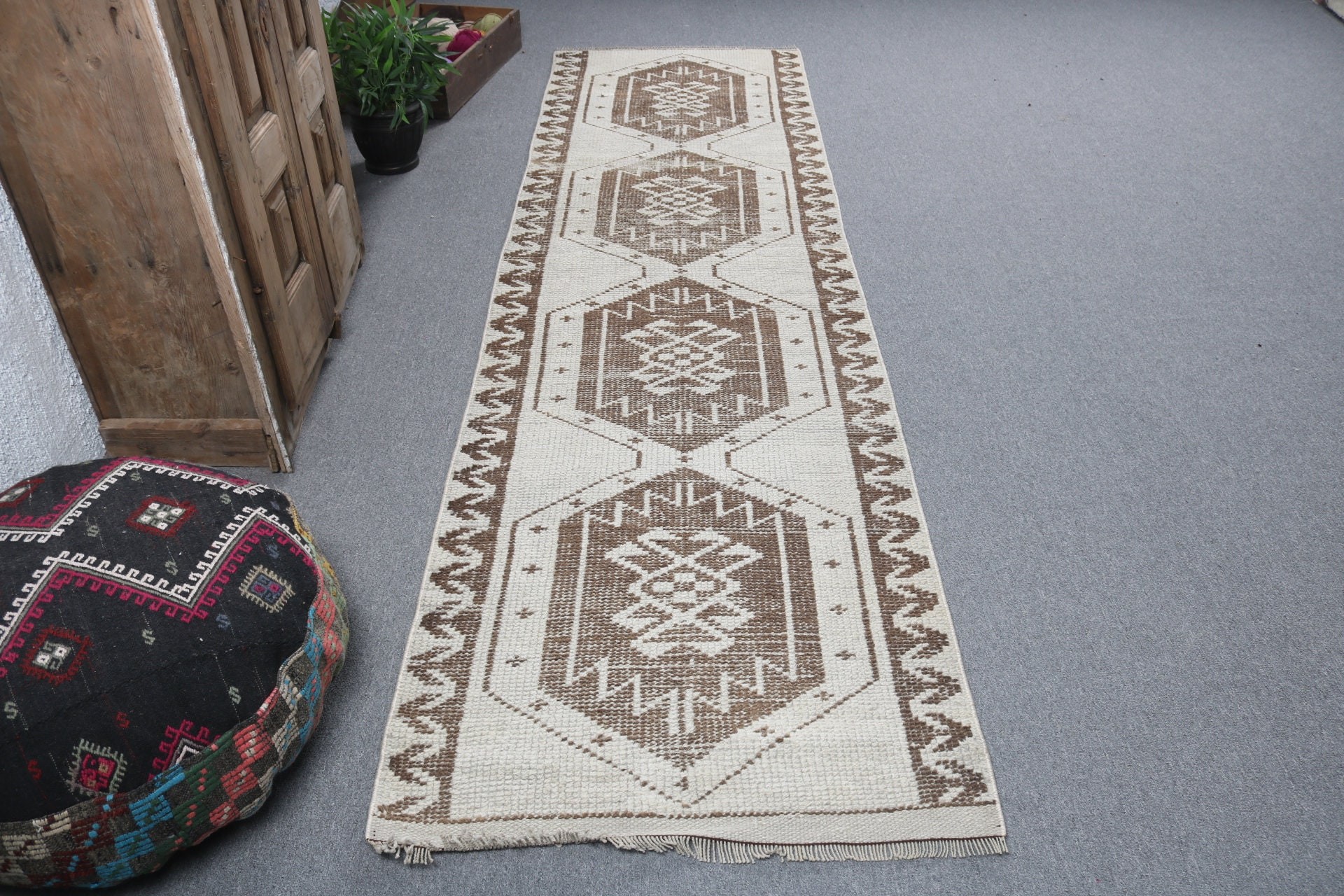 Oushak Halı, Lüks Halı, Vintage Yolluk Halıları, Vintage Halılar, Bej Açıklama Halısı, Yün Halı, 2.9x10.5 ft Koşucu Halısı, Merdiven Halıları, Türk Halıları