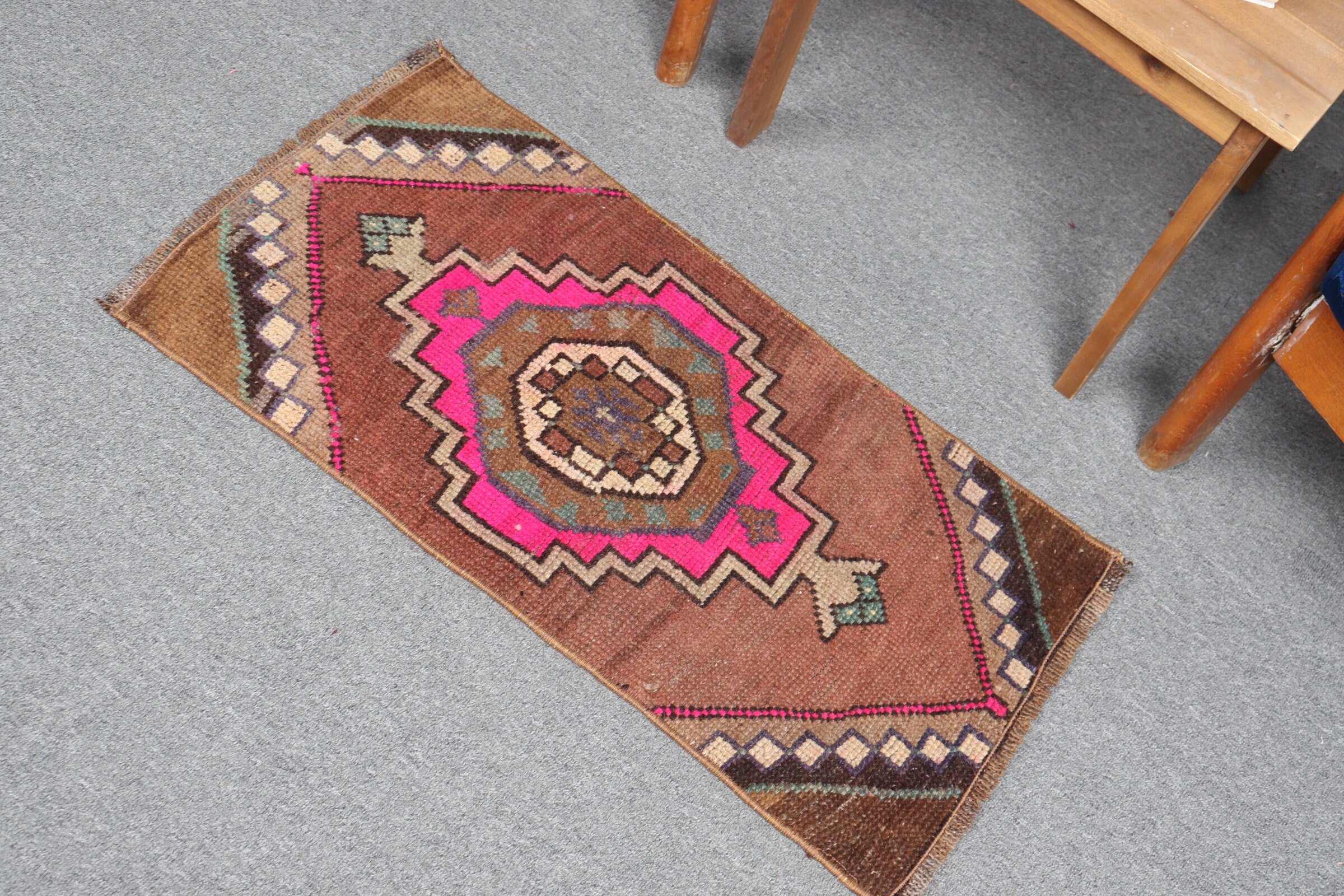Kitchen Rugs, Vintage Rug, Turkish Rug, Brown Floor Rug, Bedroom Rugs, 1.4x2.7 ft Small Rug, Rugs for Entry, Cool Rugs