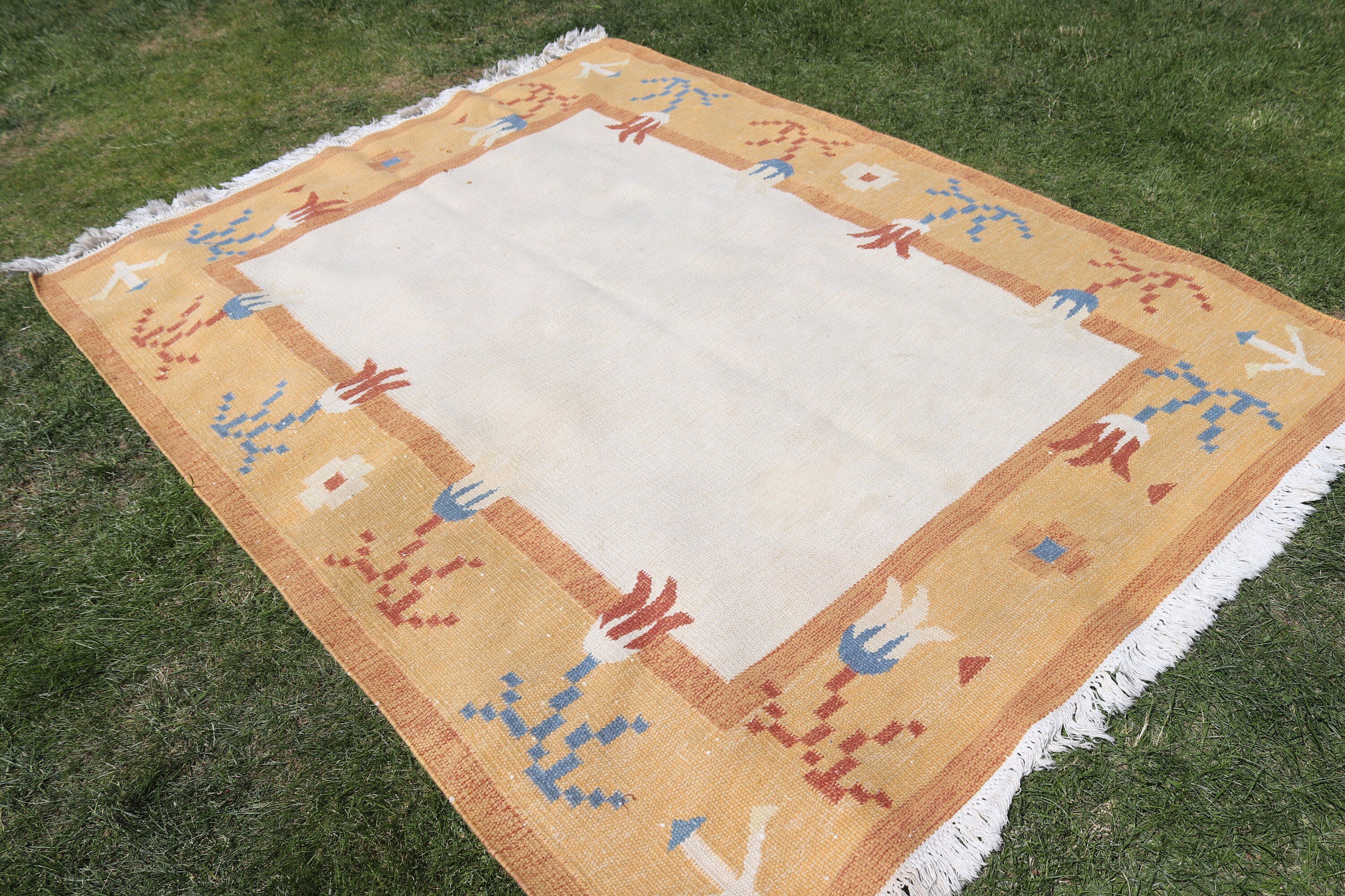 5,6x7,1 ft Alan Halısı, Kilim, Boho Alan Kilimi, Sarı Oryantal Halılar, Açıklama Halıları, Oushak Bölge Halıları, Türk Halıları, Vintage Halı