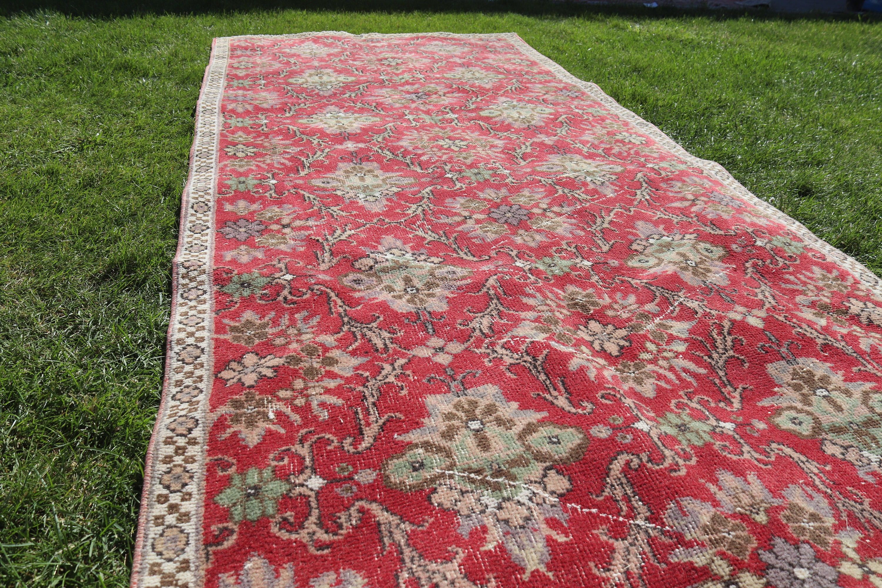 Vintage Rugs, Boho Rugs, 3.8x9.2 ft Area Rugs, Kitchen Rugs, Oushak Area Rug, Turkish Rugs, Red Home Decor Rug, Rugs for Floor, Bedroom Rug