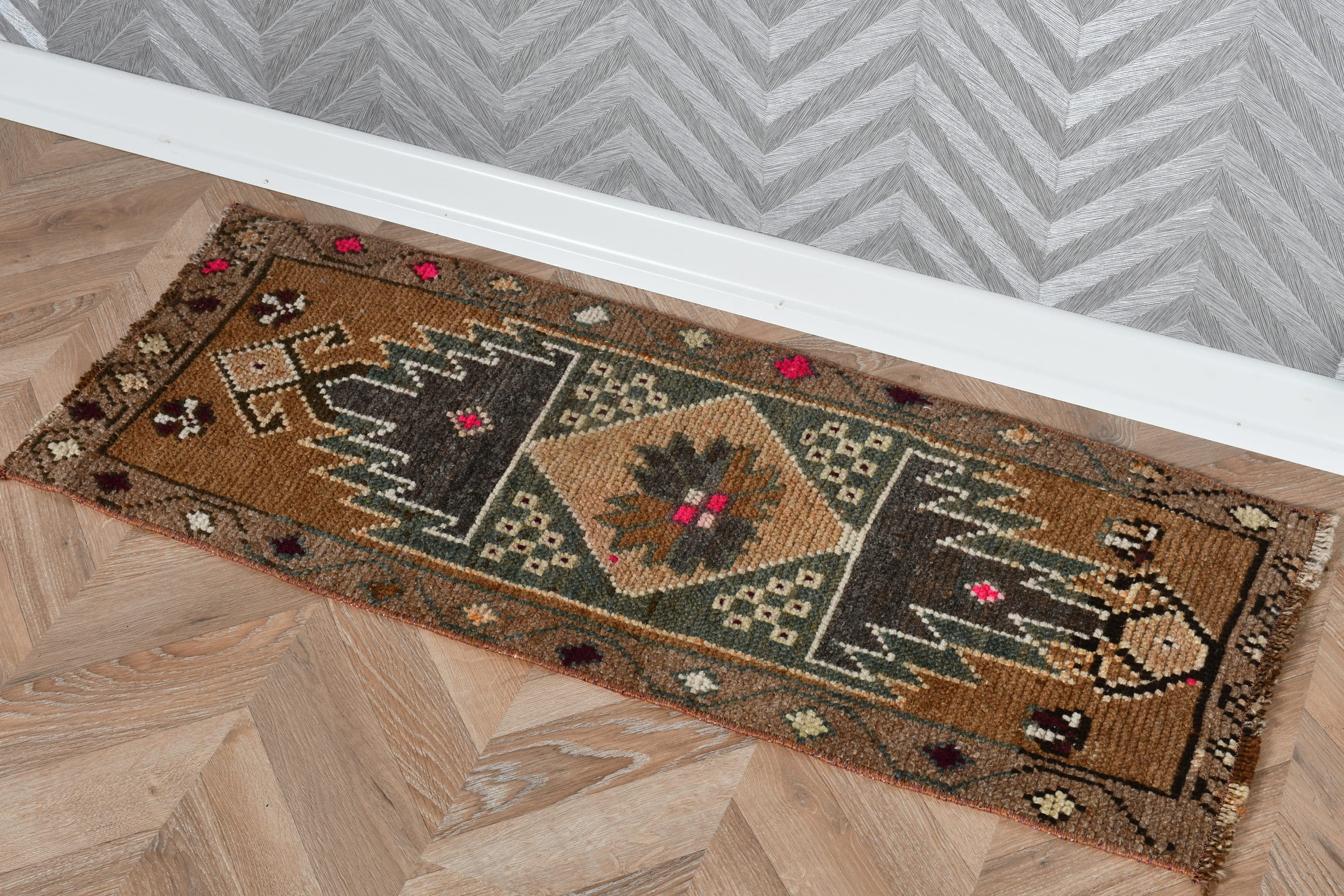 Dorm Rugs, Turkish Rugs, Rugs for Bathroom, Vintage Rug, Kitchen Rug, Bath Rugs, Entry Rug, Brown Wool Rug, 1.4x3.4 ft Small Rug, Floor Rug