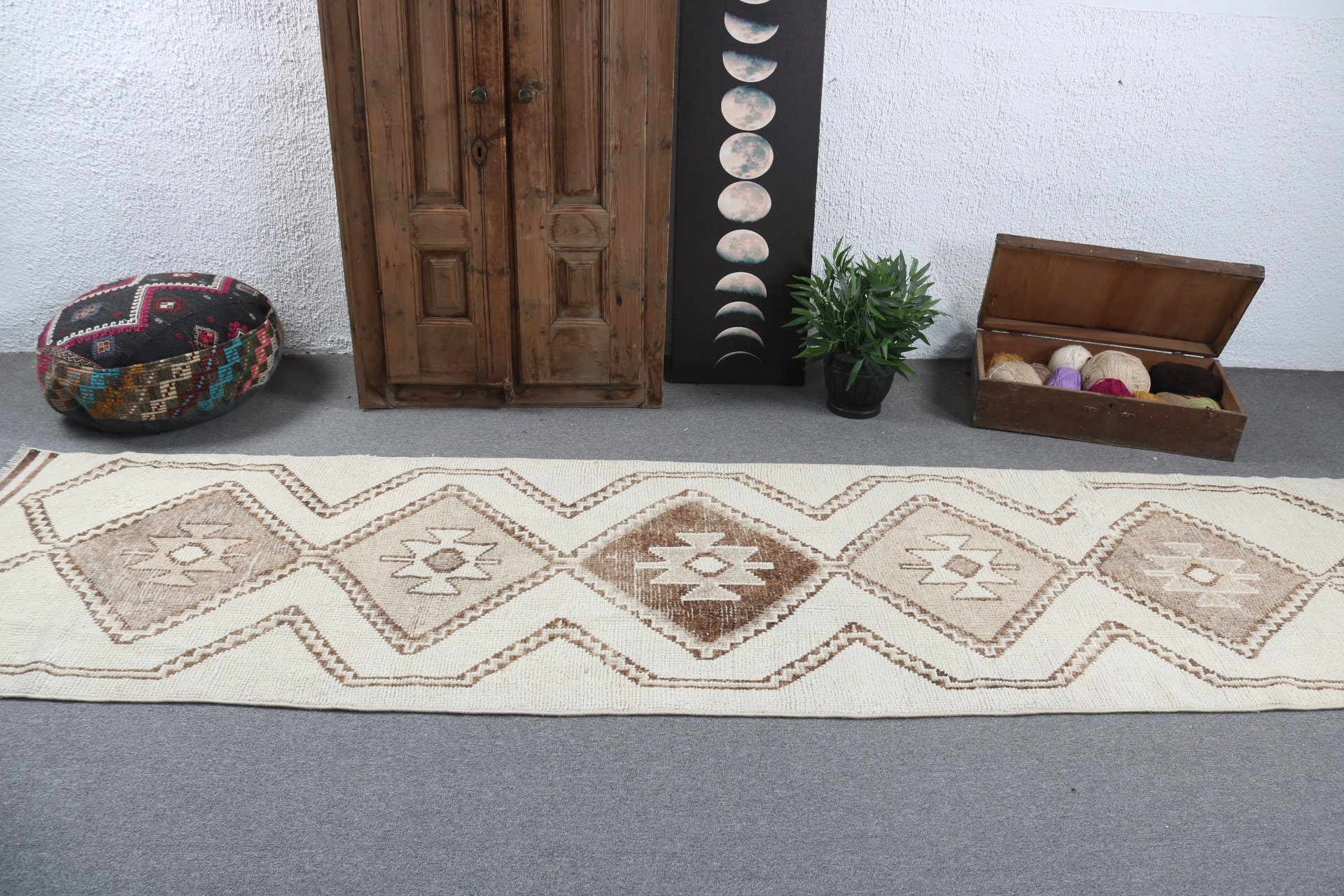 Koridor Halıları, Lüks Halı, Geometrik Halı, Vintage Halı, Vintage Runner Halıları, Bej Düz Dokuma Halı, Türk Halısı, 3.1x11.8 ft Runner Halıları