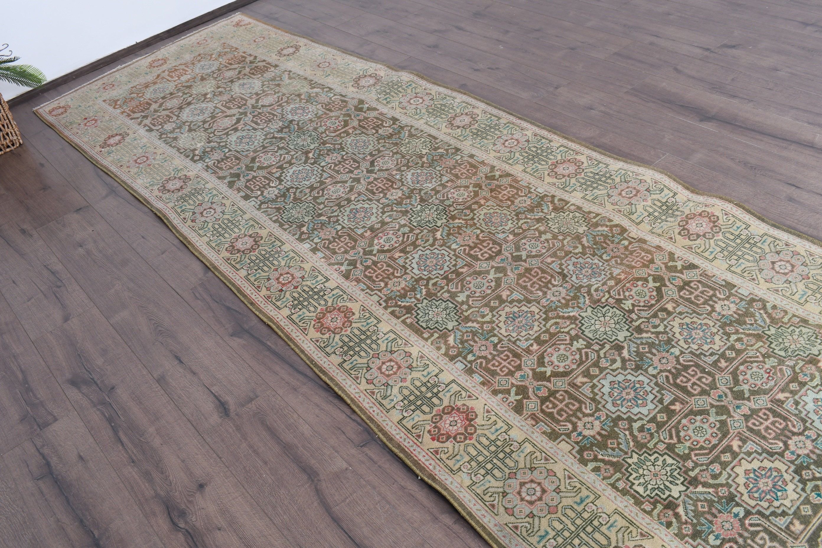 Vintage Rugs, Kitchen Rug, Long Runner Rug Rugs, 3.7x15.7 ft Runner Rug, Anatolian Rug, Turkish Rug, Rugs for Hallway, Green Antique Rug