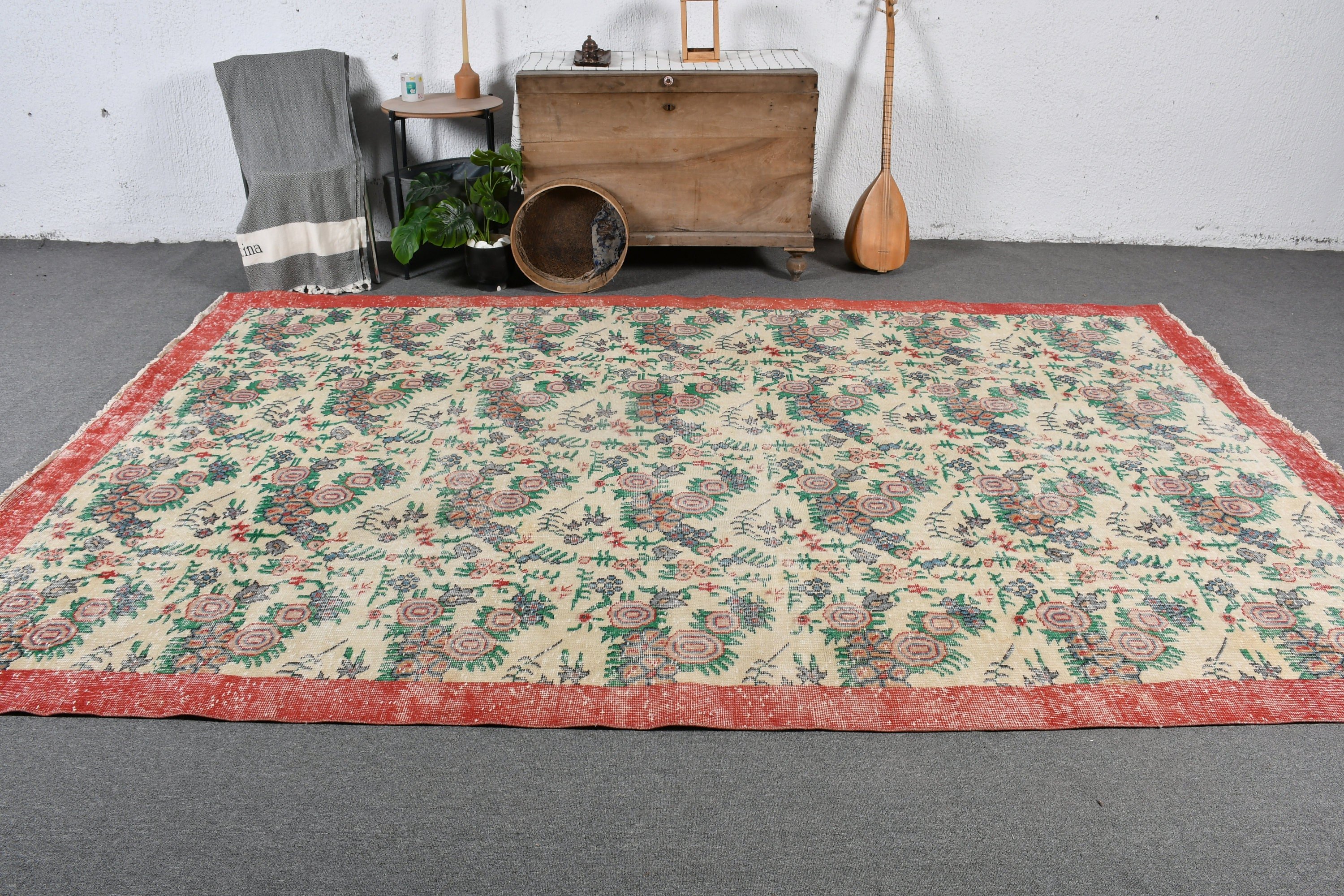 Anatolian Rug, Beige Home Decor Rug, Vintage Rugs, Rugs for Salon, Turkish Rug, Wool Rug, Salon Rug, 6.8x10.9 ft Oversize Rug, Saloon Rug