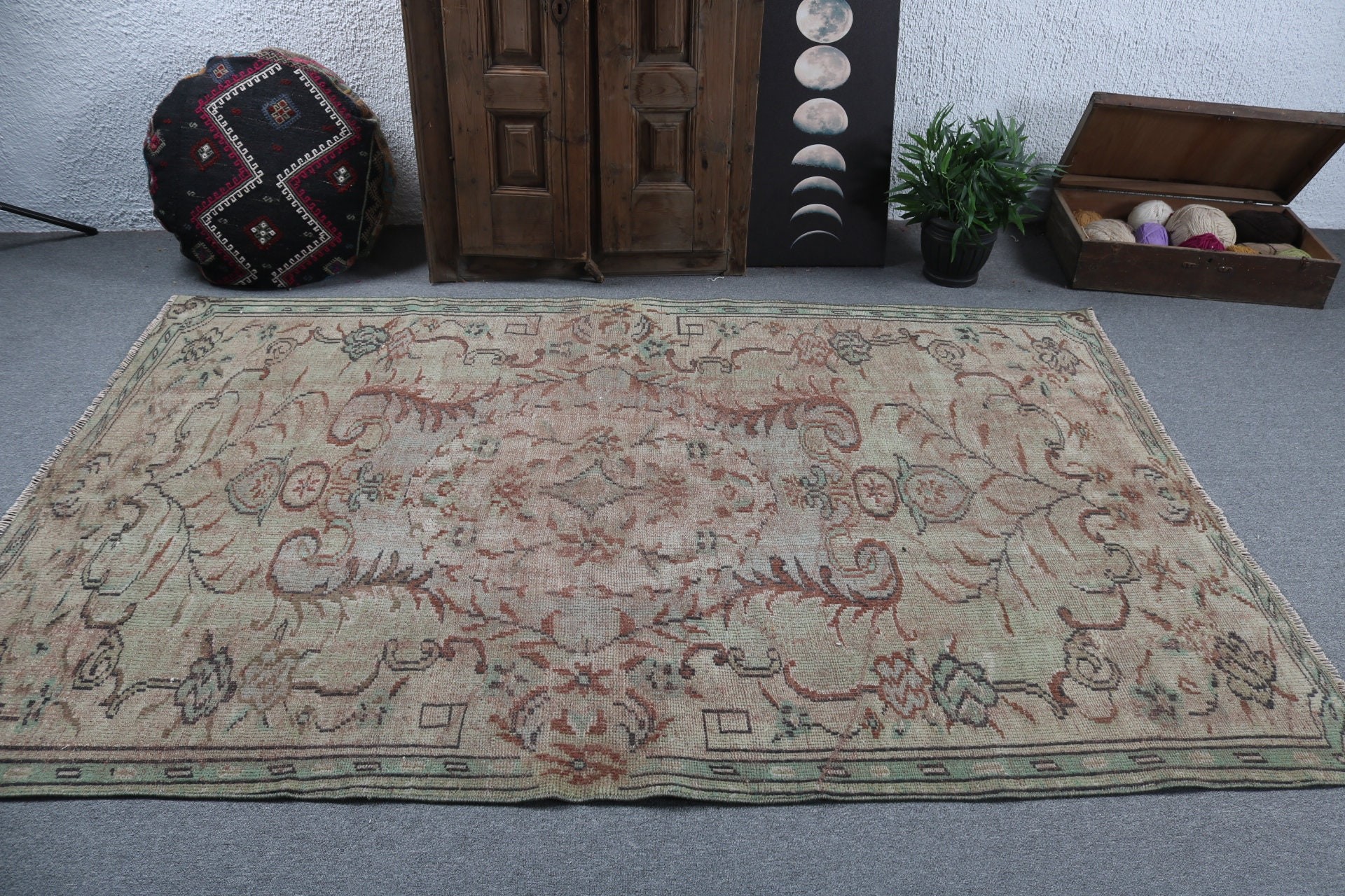 Yeşil Modern Halılar, Vintage Halı, Oryantal Halı, Türk Halıları, Salon Halıları, Sanatsal Halı, 5.3x8 ft Büyük Halılar, Modern Halılar, Büyük Vintage Halı